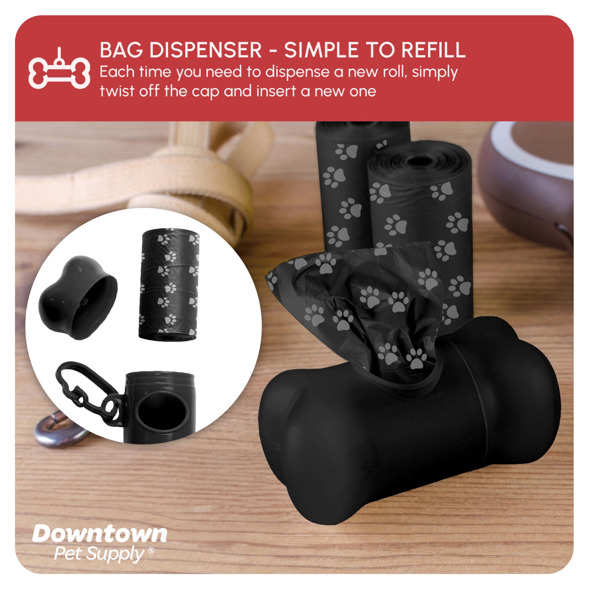 Dog Waste Bags with Complimentary Holder, Black Paw Print Design, 220 Count