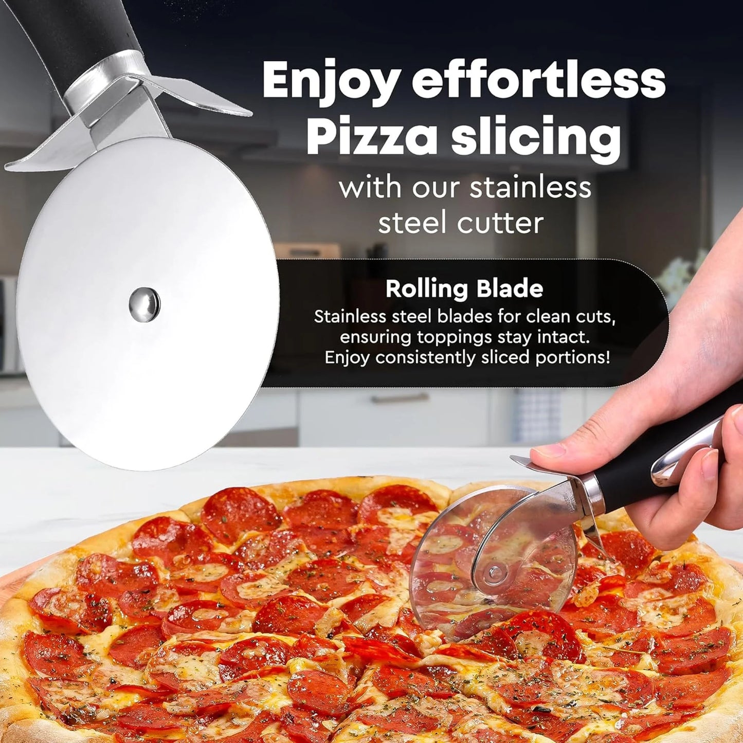 2PCS Premium Pizza Cutter - Durable Stainless Steel Pizza Cutter Wheel - Easy-To-Clean, Easy-To-Use Pizza Slicer - Super Sharp with Non-Slip Handle - Dishwasher Safe Pizza Wheel (Black)