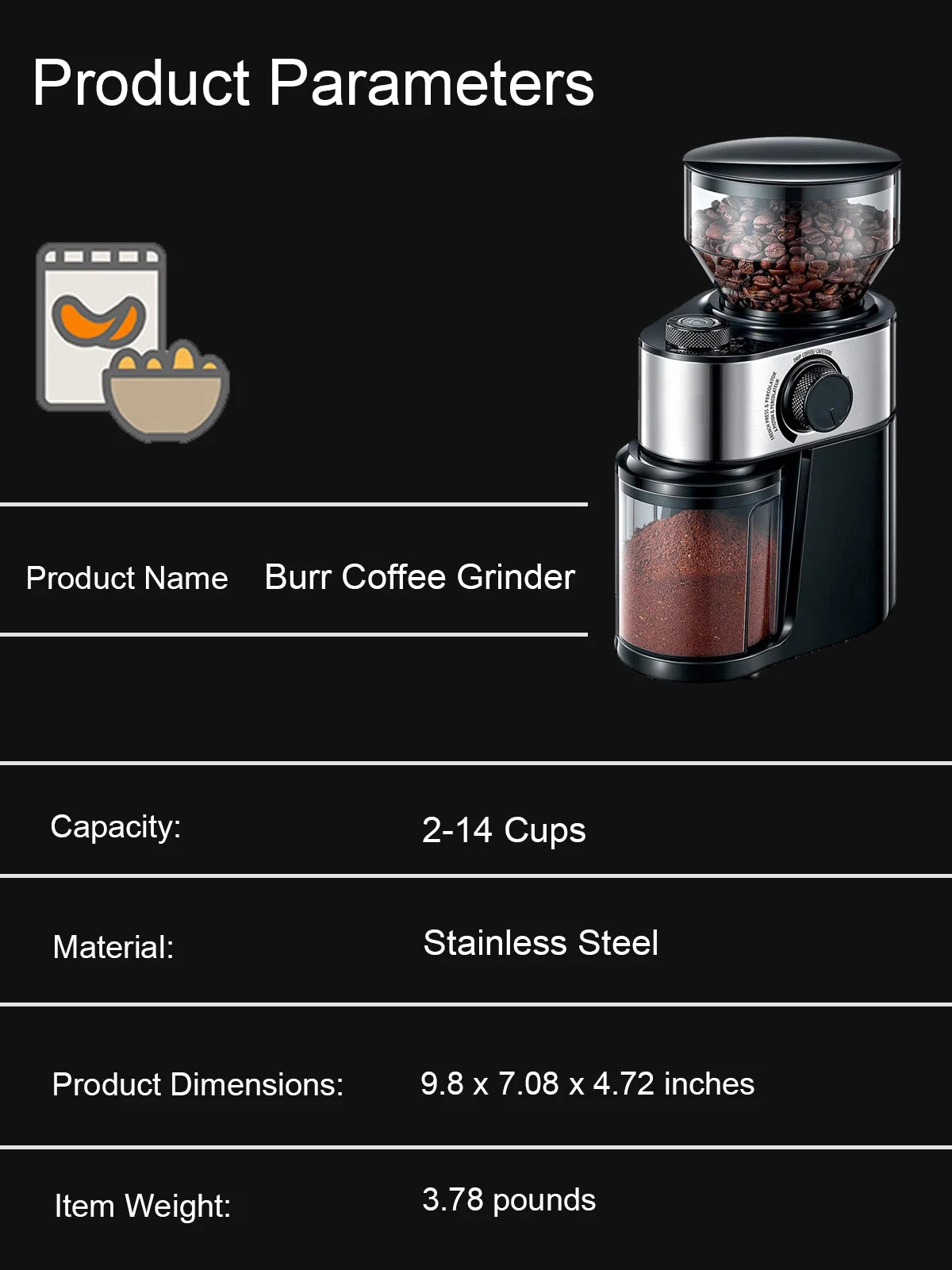 Electric Burr Mill Coffee Grinder with 18 Precise Grind Settings for Espresso, Drip and French Press - Adjustable Burr Grinder in Black