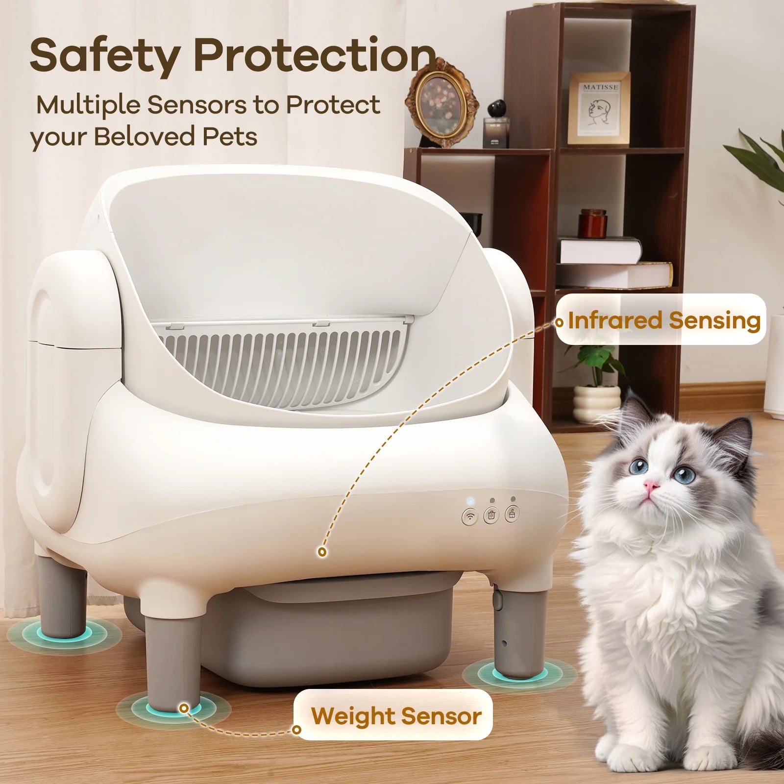 Automatic Self-Cleaning Litter Box with App Control for Multiple Cats, Open Top Design, Safety Sensors, Odor Control, Includes 2 Roll Liners and Large Waste Bin