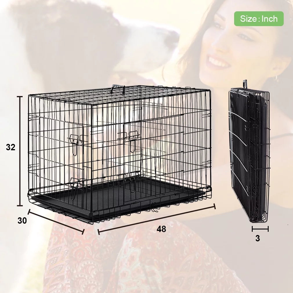 48-Inch Foldable Metal Dog Crate for Large Breeds with Double Doors, Divider, and Removable Tray (Black)