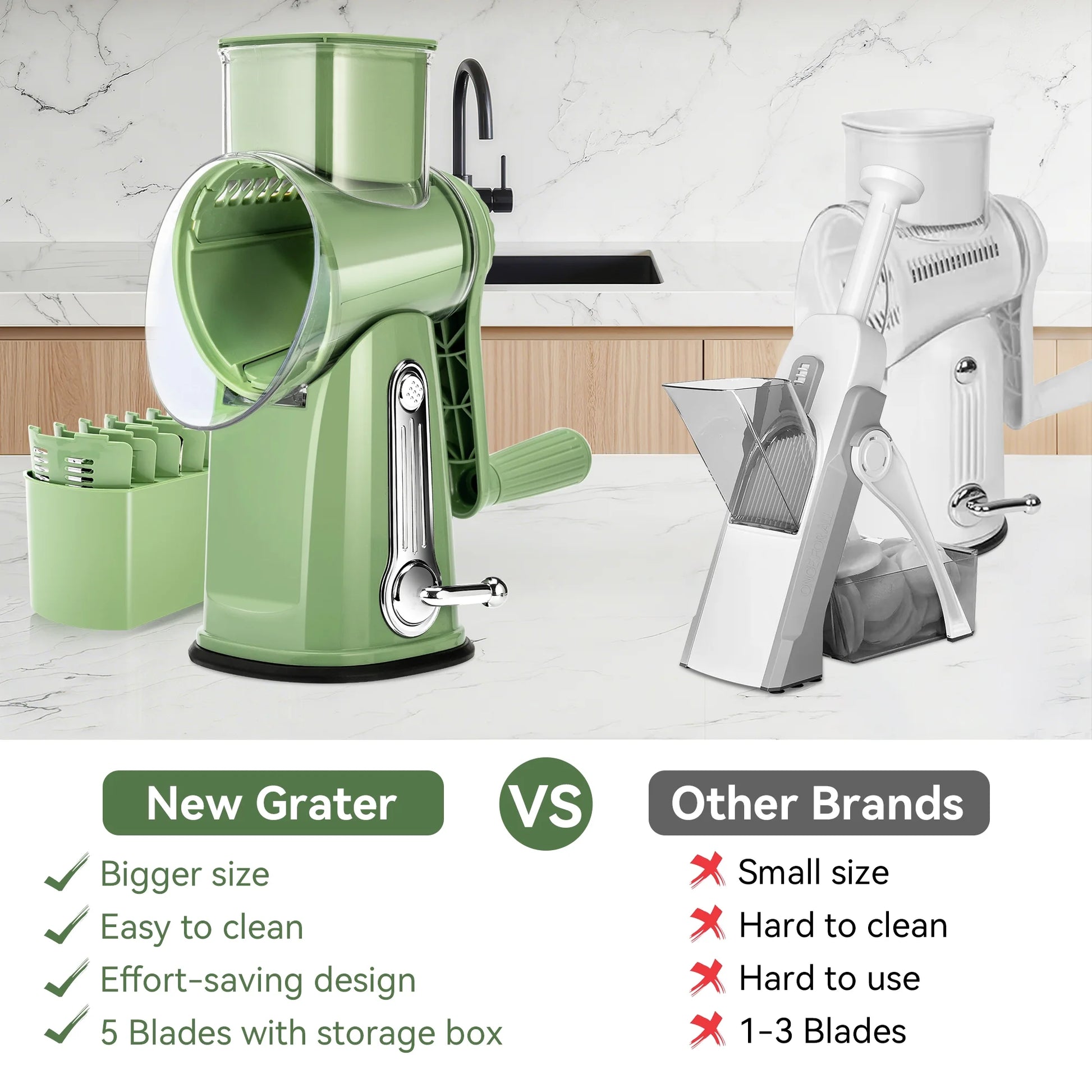 Professional Rotary Cheese Grater with Handle - 5 Interchangeable Blades, Suction Base, Mandoline Slicer & Vegetable Shredder with Blade Storage Box (Green)