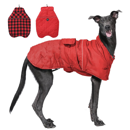 Reversible Plaid Winter Coat for Dogs – Warm Cold Weather Jacket (Sizes XS-3XL) in Red