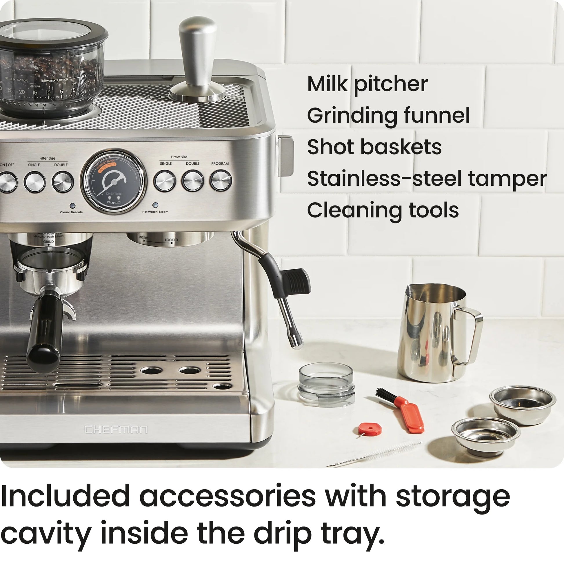Crema Supreme Espresso Machine with Conical Burr Grinder and Steam Wand – Stainless Steel, New