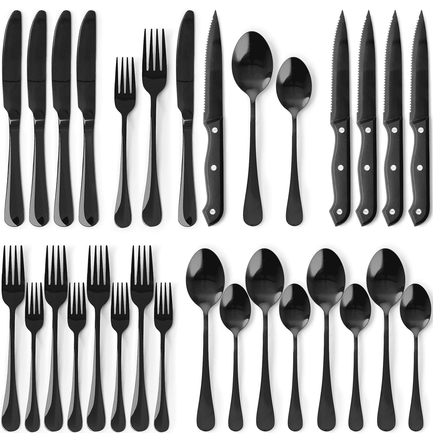 25-Piece Black and Silver Flatware Set with Steak Knives, Food-Grade Stainless Steel Cutlery for Four, Mirror Polished Utensils for Home and Restaurant Use