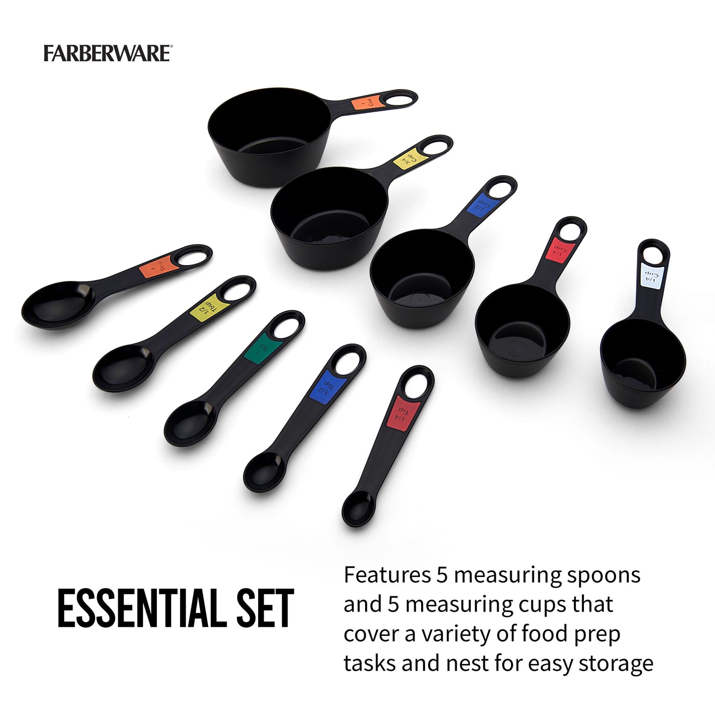 Professional 10 Piece Plastic Nesting Measuring Cup and Spoon Set Black