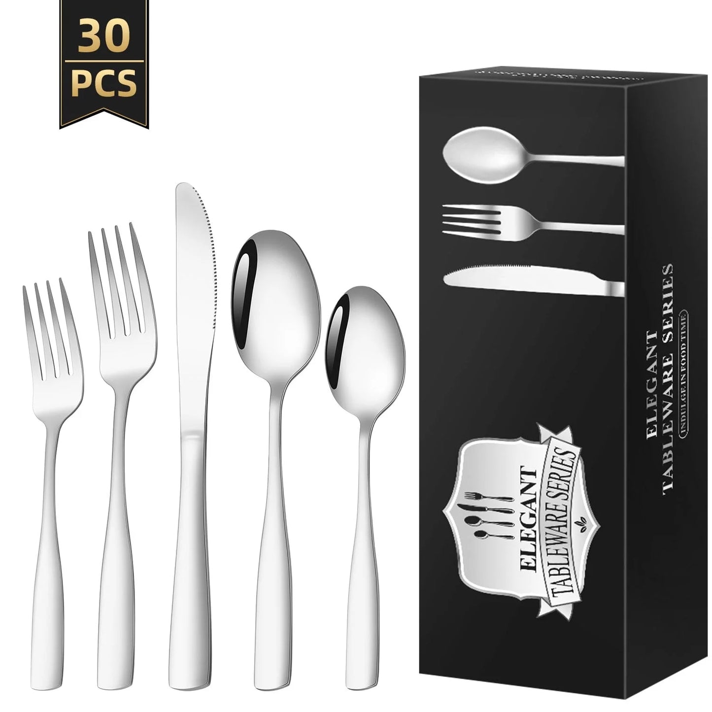 Silverware Sets, 30 PCS Flatware Set for 6, Premium Stainless Steel Cutlery Utensil Set Mirror Polished Forks and Spoons, Dishwasher Safe