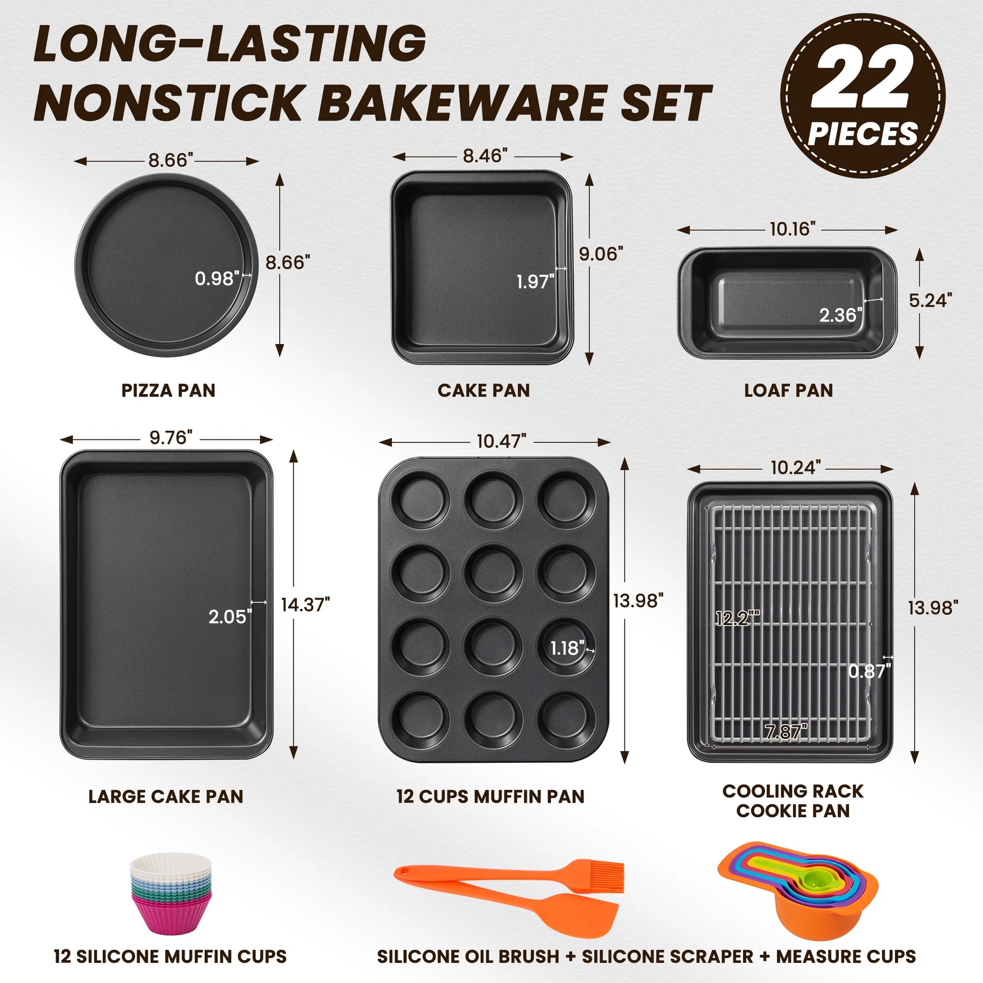 Bakeware Set, 22 Pcs Carbon Steel Non-Stick Baking Pan Set, Baking Sheet for Kitchen, Muffin Pan & Cookie Sheet & Cake Pan, Oven Safe up to 446℉