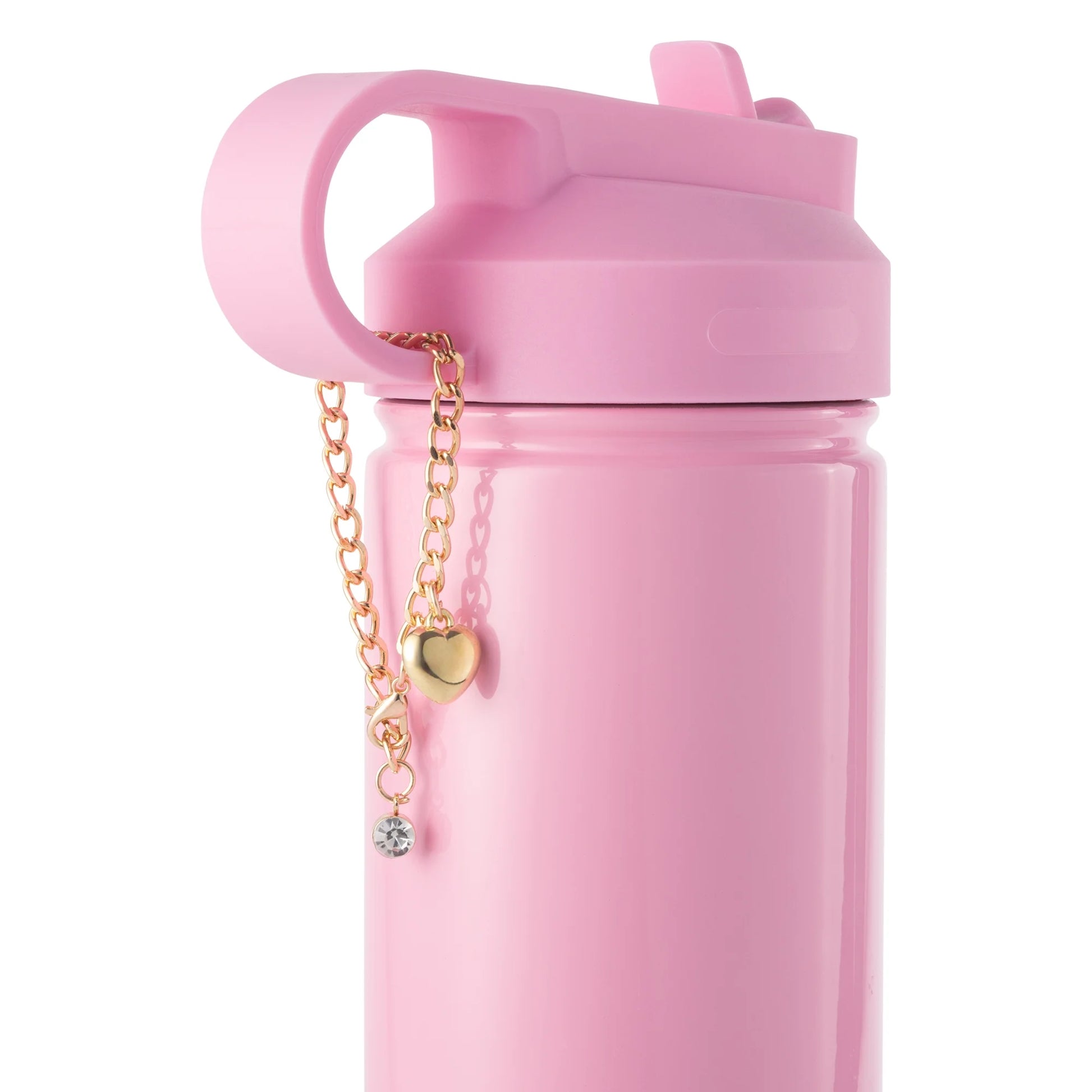 26 oz Water Bottle with Straw Lid, Pink with Gold Heart Charm