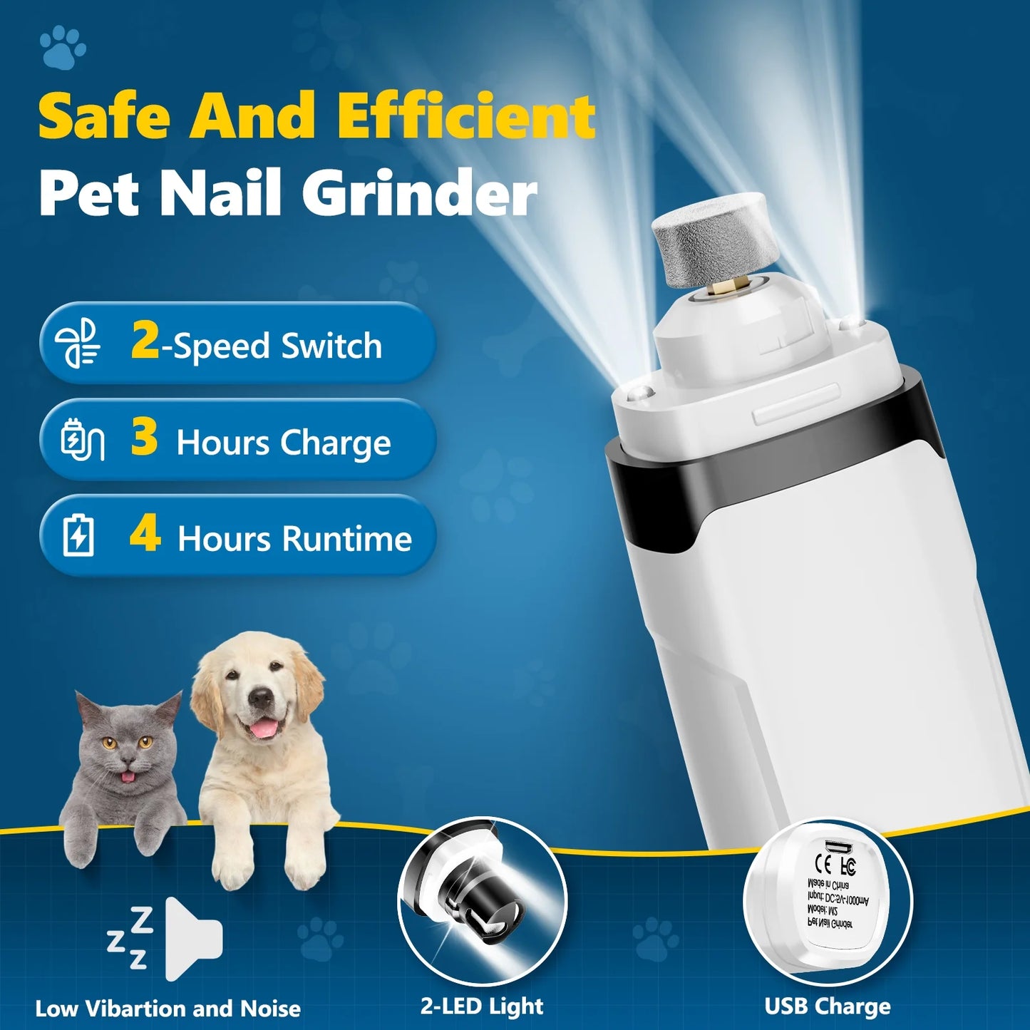Electric Dog Nail Grinder with Dual LED Lights - Ultra Quiet and Low Vibration Trimmers for Dogs and Cats of All Sizes
