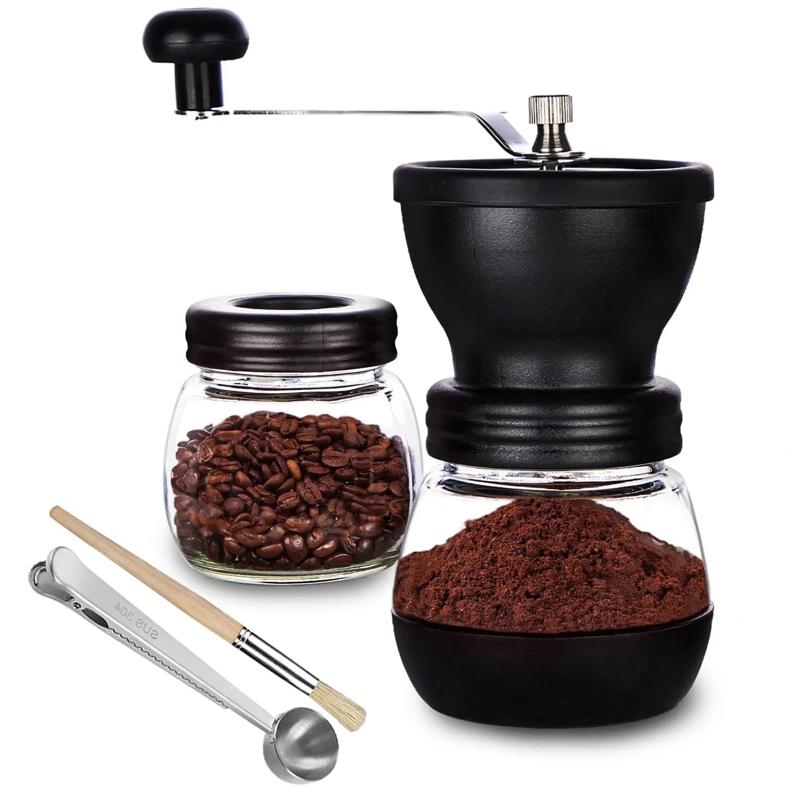 PARACITY Manual Coffee Bean Grinder Small, Ceramic Burr, 2 X 11Oz Glass Jars, Stainless Steel Handle for Drip, Espresso, French Press & Turkish Brew