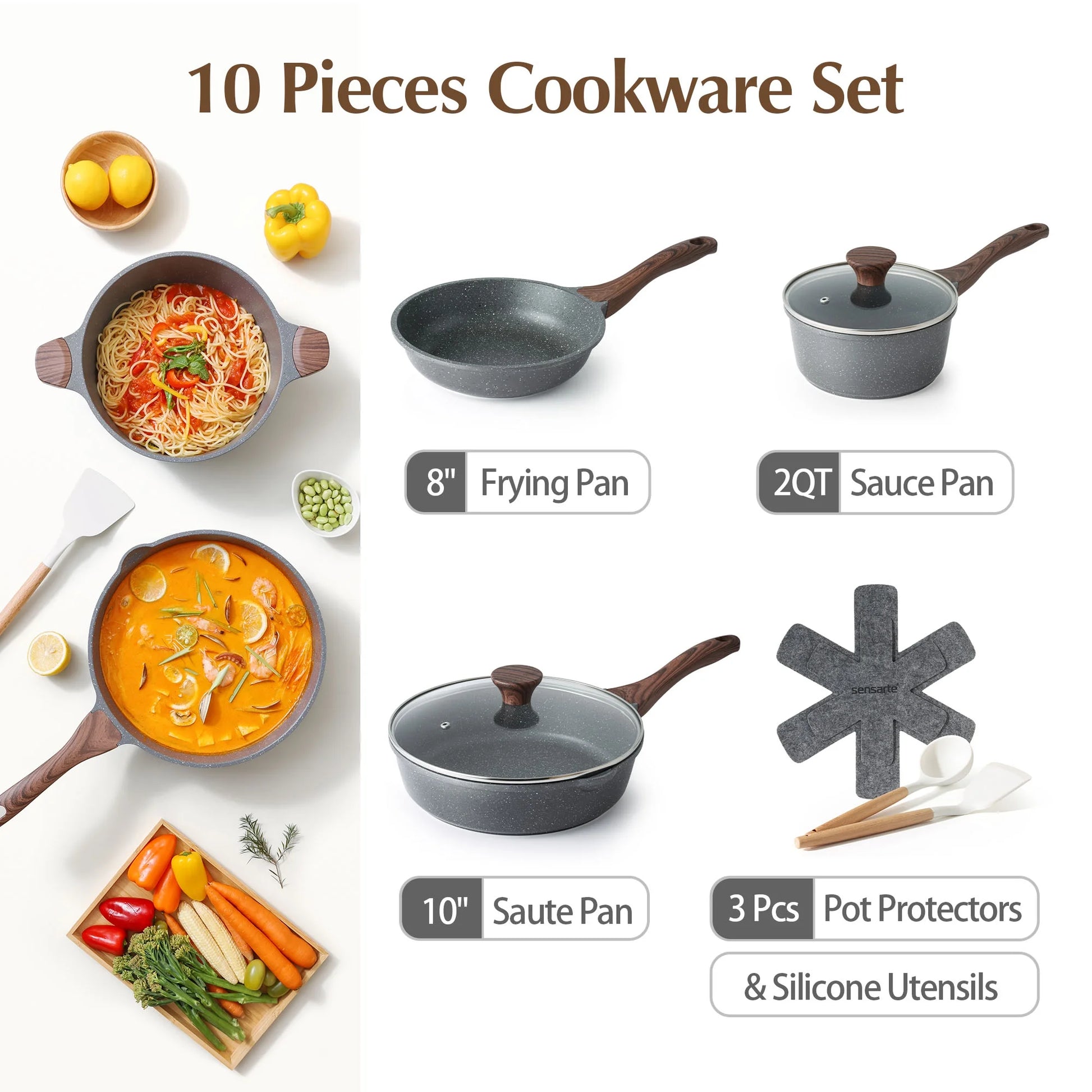 10-Piece Healthy Nonstick Cookware Set with Pot Protectors, Induction-Compatible Gray Cookware Set