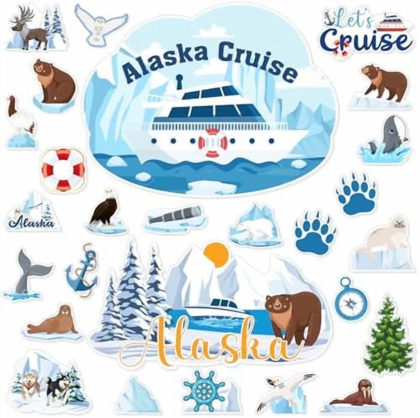27-Piece Alaskan-Themed Nautical Cruise Door Magnet Set - Reusable Decorative Magnets Featuring Whales, Sea Lions, and Seals for Cabin, Fridge, Car, and Computer
