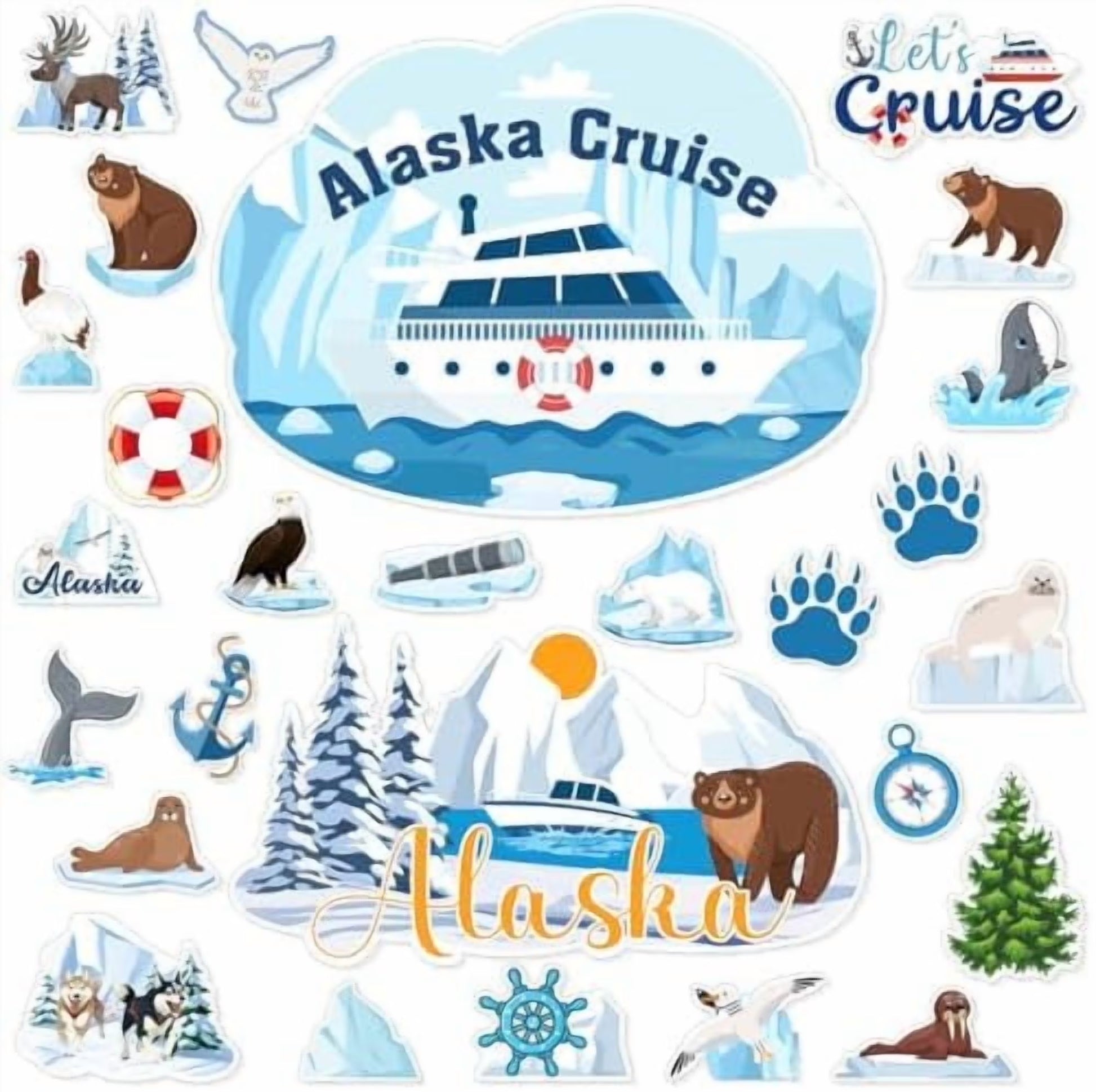 27-Piece Alaskan-Themed Nautical Cruise Door Magnet Set - Reusable Decorative Magnets Featuring Whales, Sea Lions, and Seals for Cabin, Fridge, Car, and Computer