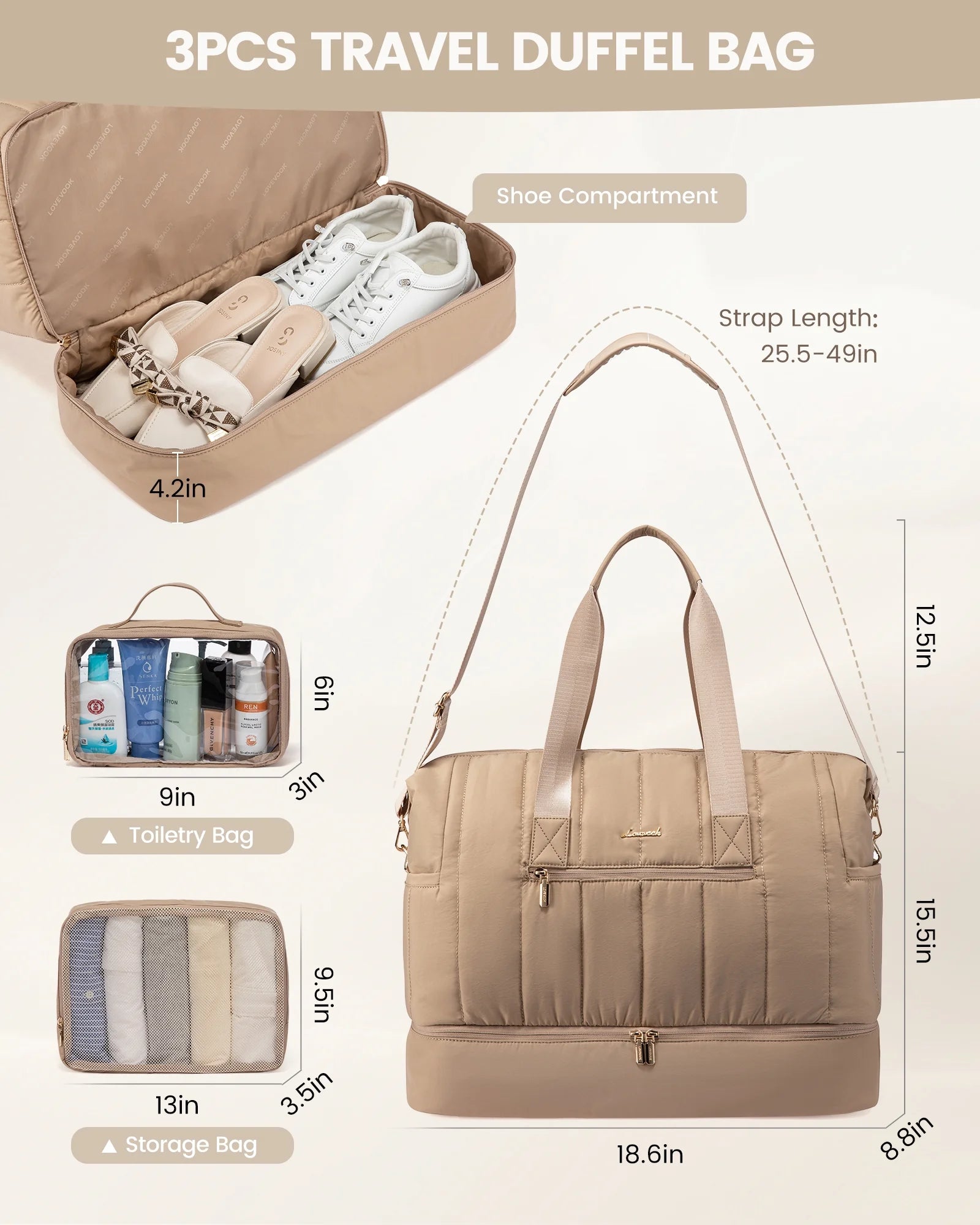 42L Puffer Duffle Bag - Versatile Travel Weekender with Toiletry Bag, Ideal for Carry-On, Hospital, and Gym Use with Dry/Wet Separation