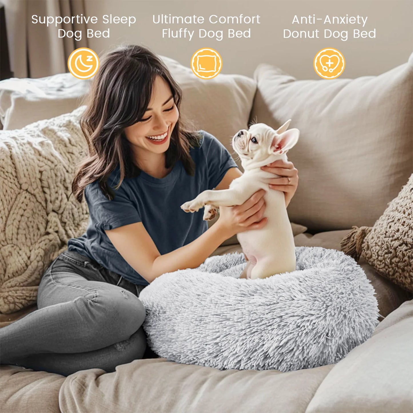 20-Inch Calming Donut Dog Bed for Small Dogs - Anti-Anxiety Cozy Round Pet Bed, Fluffy and Washable for Small to Medium Dogs and Cats