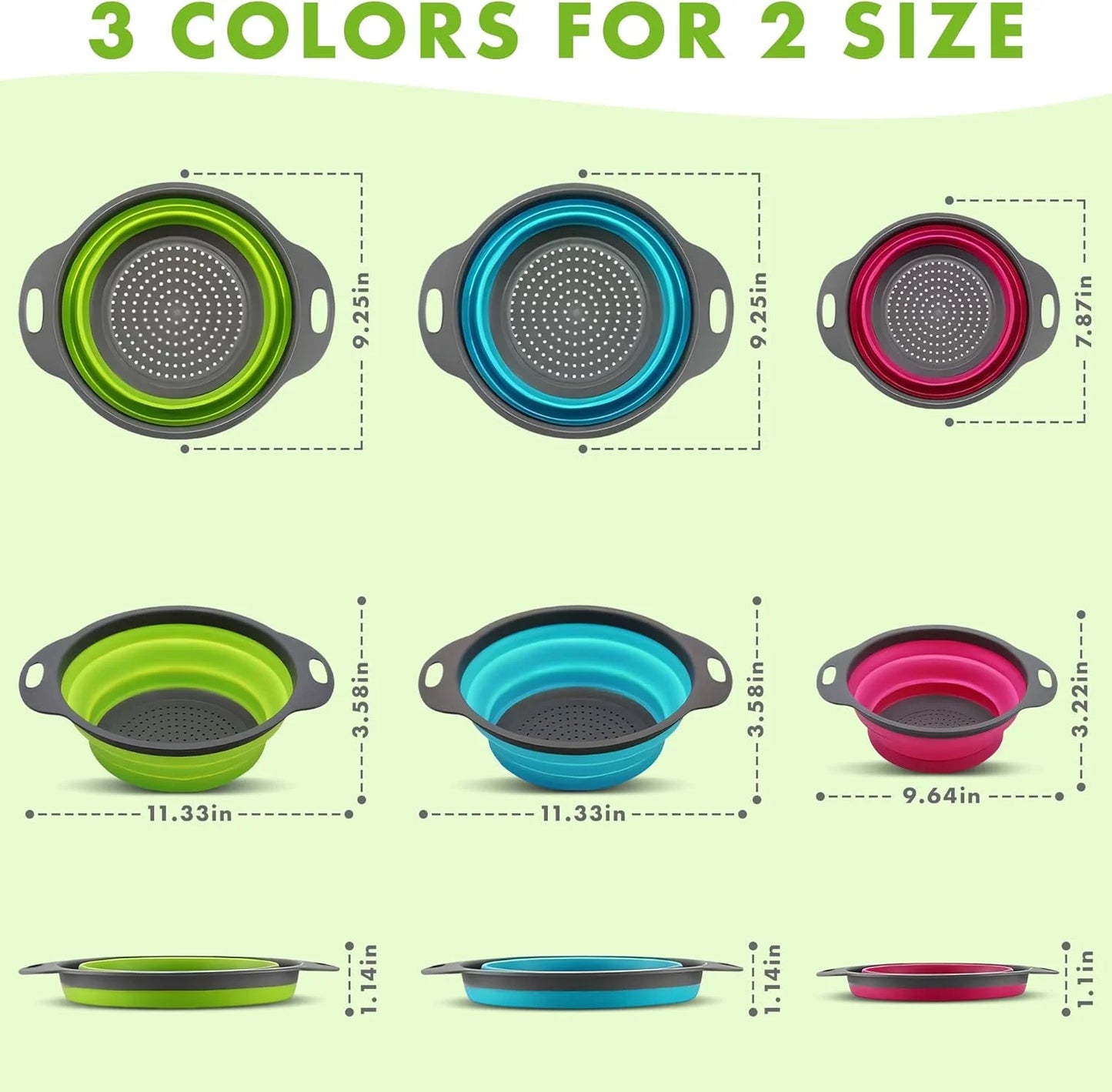 Collapsible Silicone Colander Set - 3-Piece Round Kitchen Strainer Set (2 x 4 Quart, 1 x 2 Quart) - Ideal for Draining Pasta, Vegetables, and Fruits (Green, Blue, Purple)