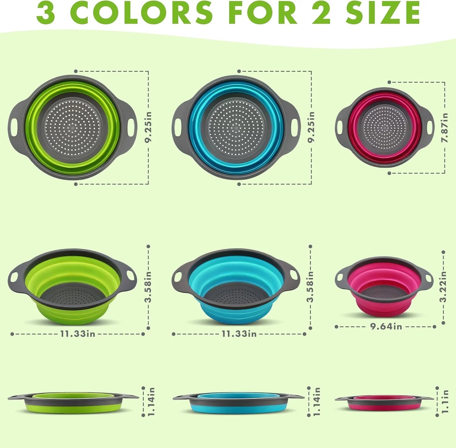 Collapsible Silicone Colander Set - 3-Piece Round Kitchen Strainer Set (2 x 4 Quart, 1 x 2 Quart) - Ideal for Draining Pasta, Vegetables, and Fruits (Green, Blue, Purple)