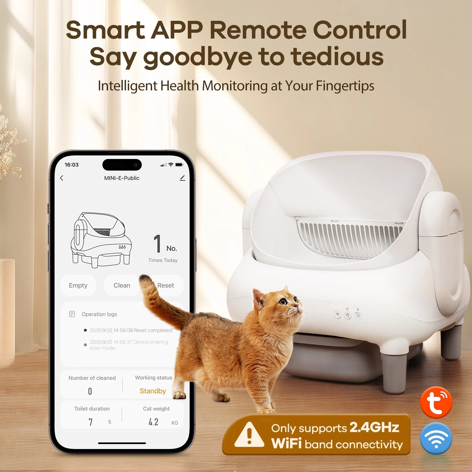 Automatic Self-Cleaning Litter Box with App Control for Multiple Cats, Open Top Design, Safety Sensors, Odor Control, Includes 2 Roll Liners and Large Waste Bin