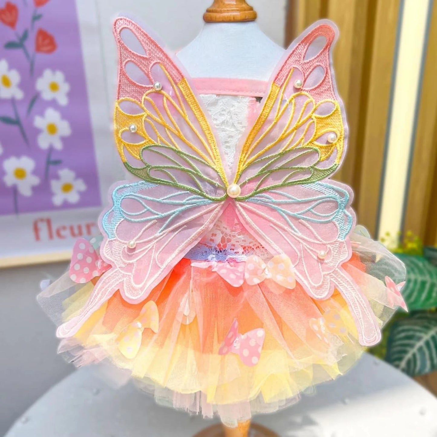 Rainbow Butterfly Dog Princess Dress - Playful Pet Apparel with Wings for Small Dogs and Cats, Ideal for Halloween, Birthdays, and Weddings