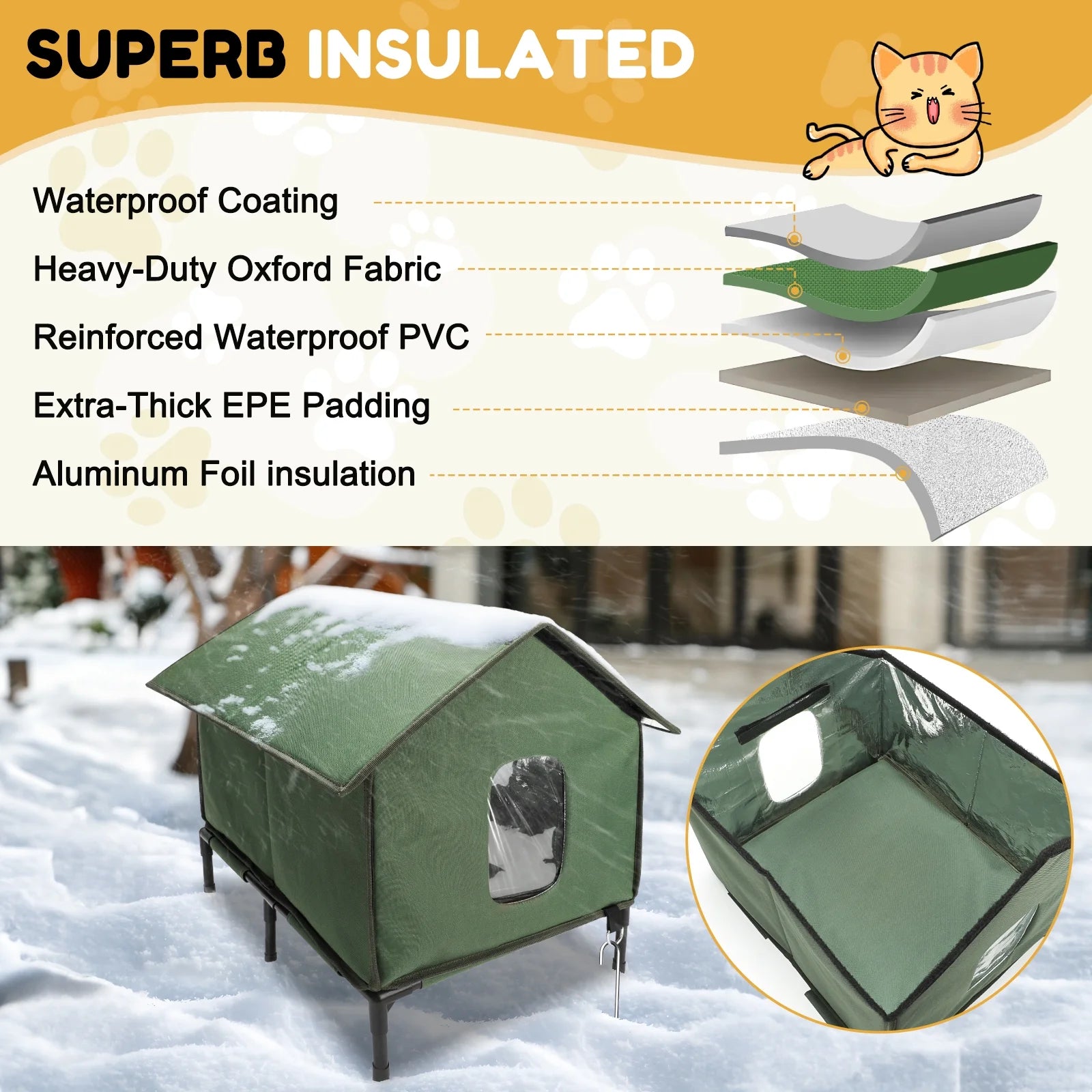 Insulated Outdoor Cat House with Escape Door - Weatherproof Shelter for Small Cats, Green