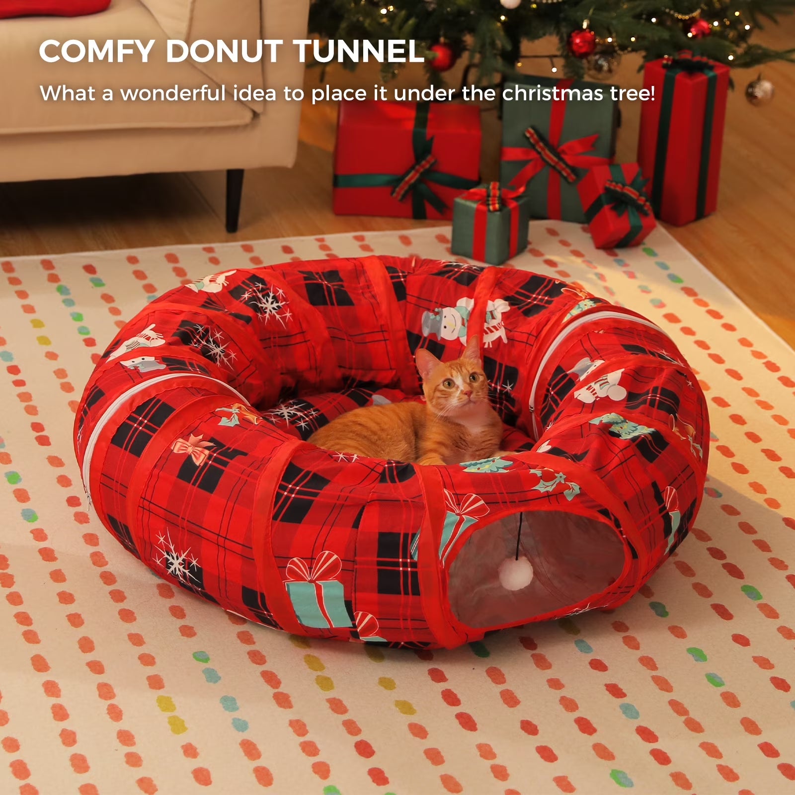 38-Inch Cat Tunnel Bed with Soft Mat - Festive Red Christmas Cat Toy for Indoor Cats
