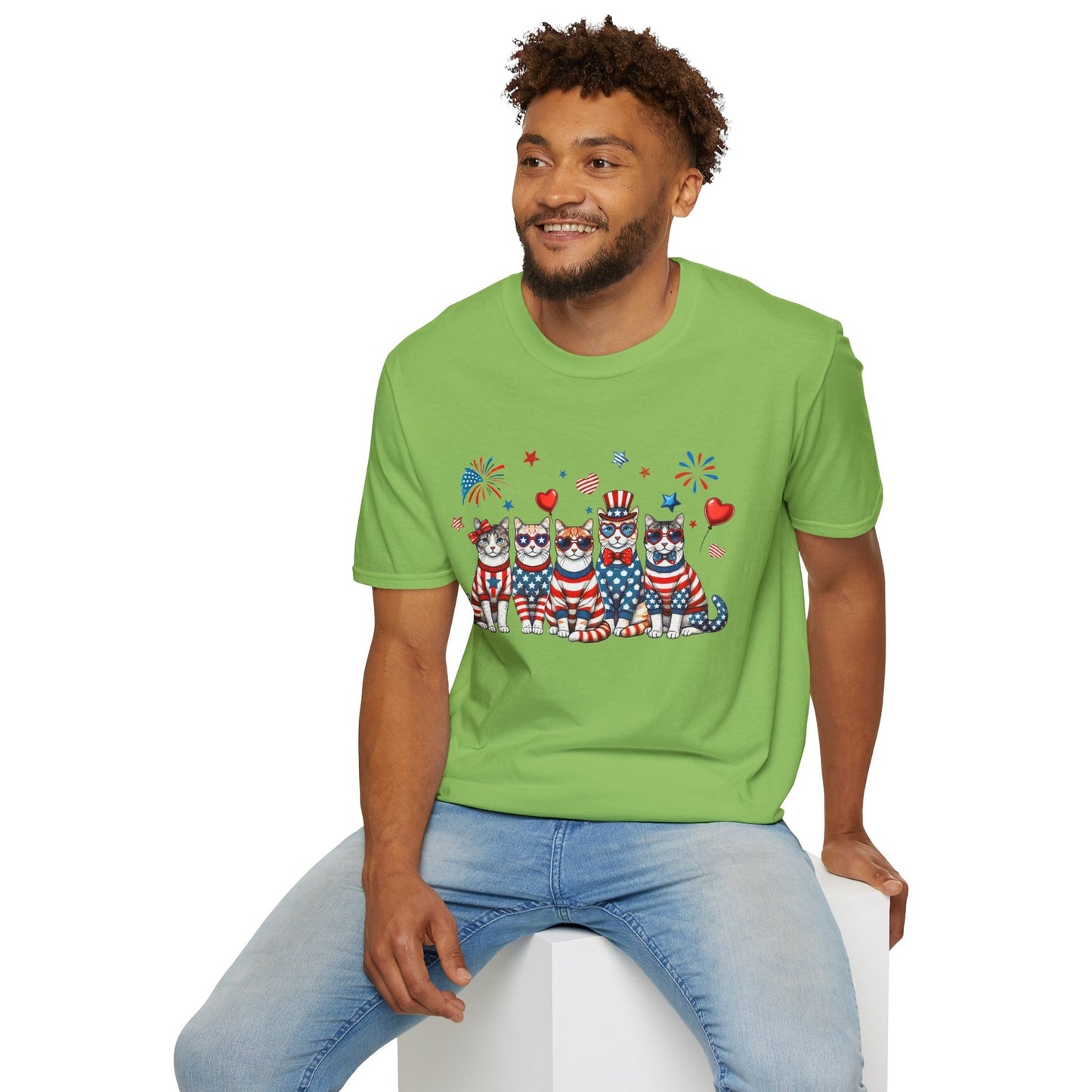 Patriotic Cat Unisex Softstyle T-Shirt for Fourth of July Celebrations