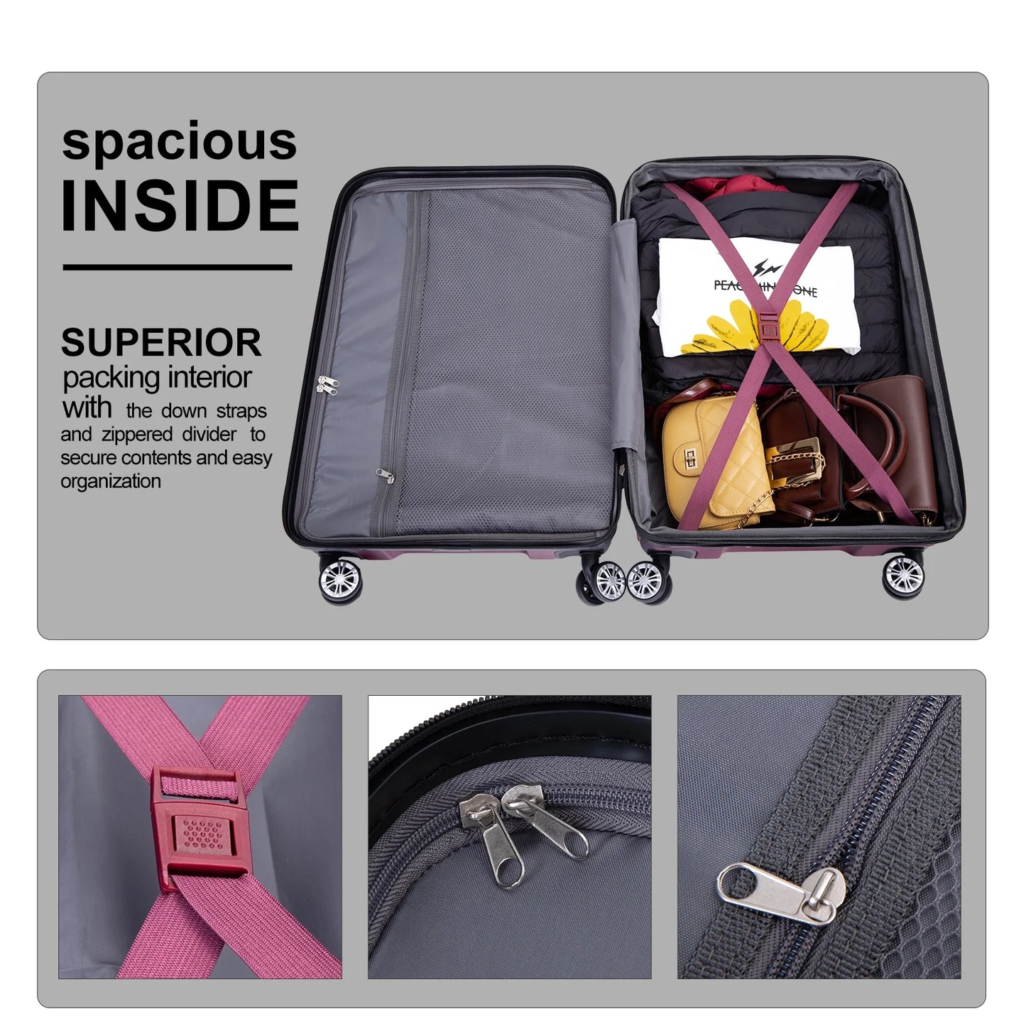 5-Piece Luggage Set: Hardside Suitcases (20", 24", 28") with TSA Lock and Spinner Wheels, Including Duffel Bag (Wine Red)