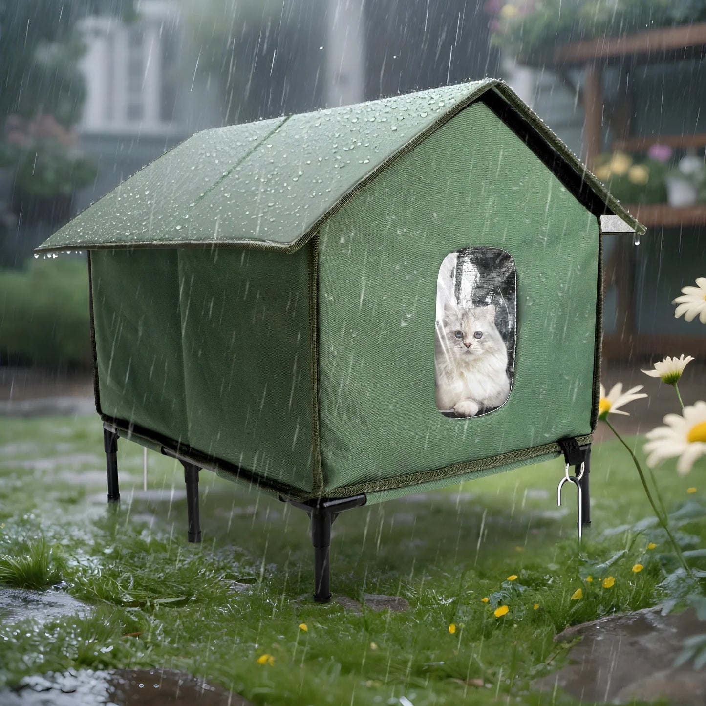 Insulated Outdoor Cat House with Escape Door - Weatherproof Shelter for Small Cats, Green