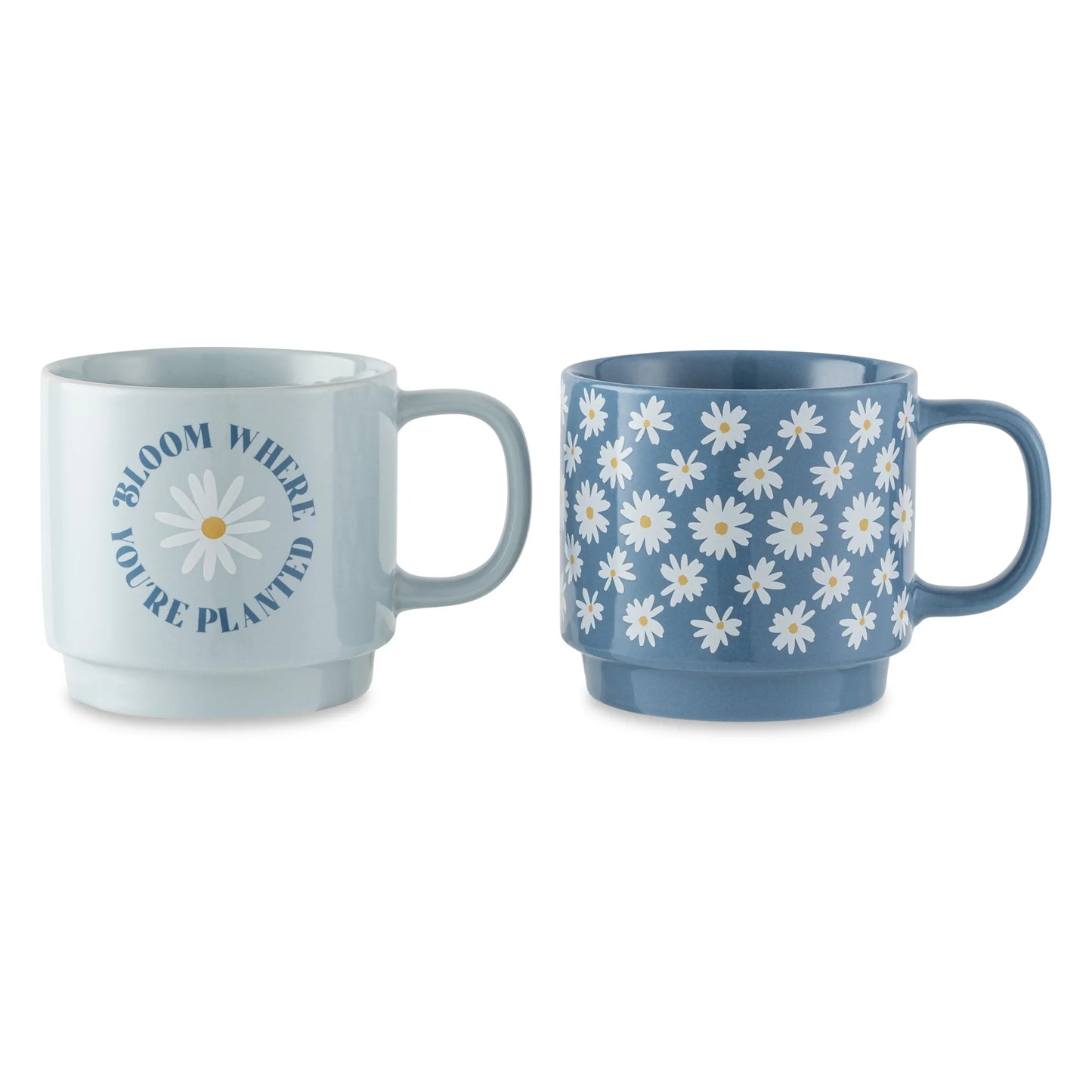 Set of 2 Stacking Stoneware Mugs - Daisy Bloom and Where Planted Designs, 14.2 Fl Oz
