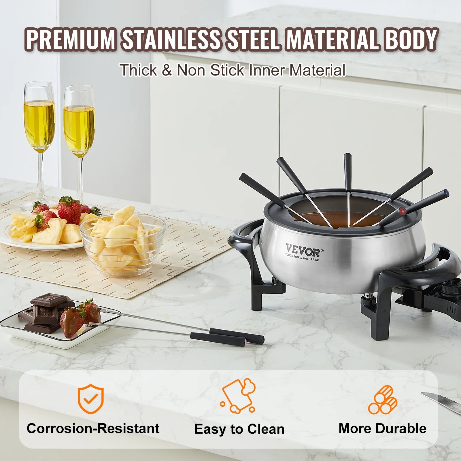 Electric Fondue Pot Set for Cheese & Chocolate, 3 Quart Chocolate Melting Warmer, Stainless Steel Fondue Maker with Temperature Control and 8 Forks,For Hors Deoeuvres,Entrees,And Desserts