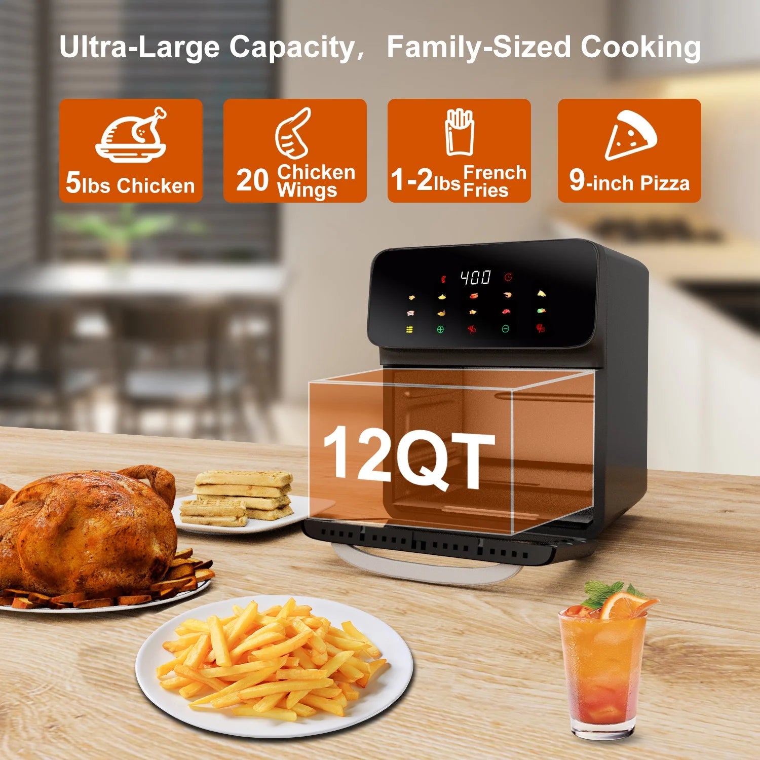 12QT Convection Oven Air Fryer with 10-in-1 Functionality, Touchscreen, and Visible Window in Black