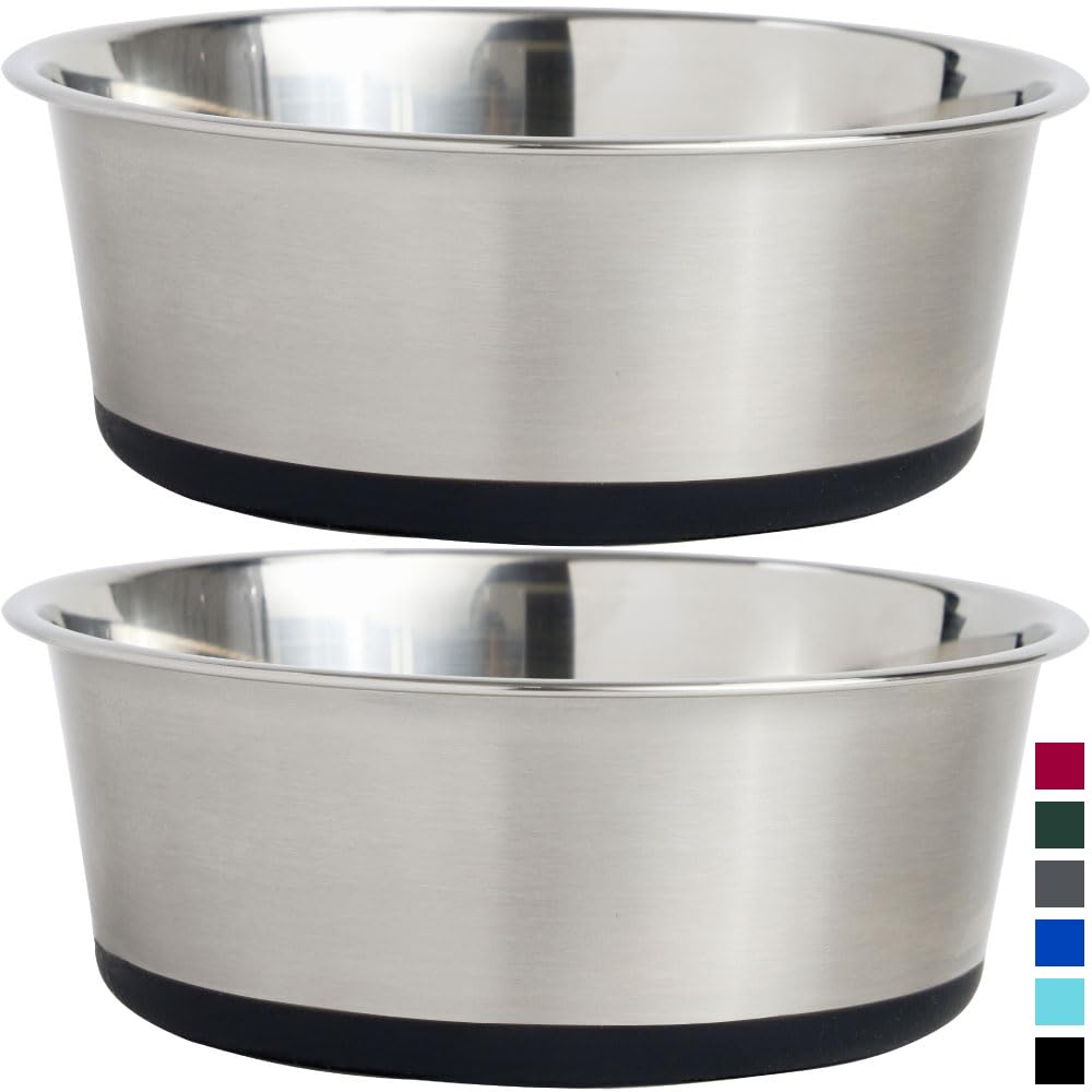 GORILLA GRIP Set of 2 Dog Bowls, Heavy Duty Metal Food and Water Bowl for Feeding Dogs and Cats, Dishwasher Safe, Rust Resistant Stainless Steel, BPA Free Rubber Base, Holds 2 Cups (16 fl oz), Black