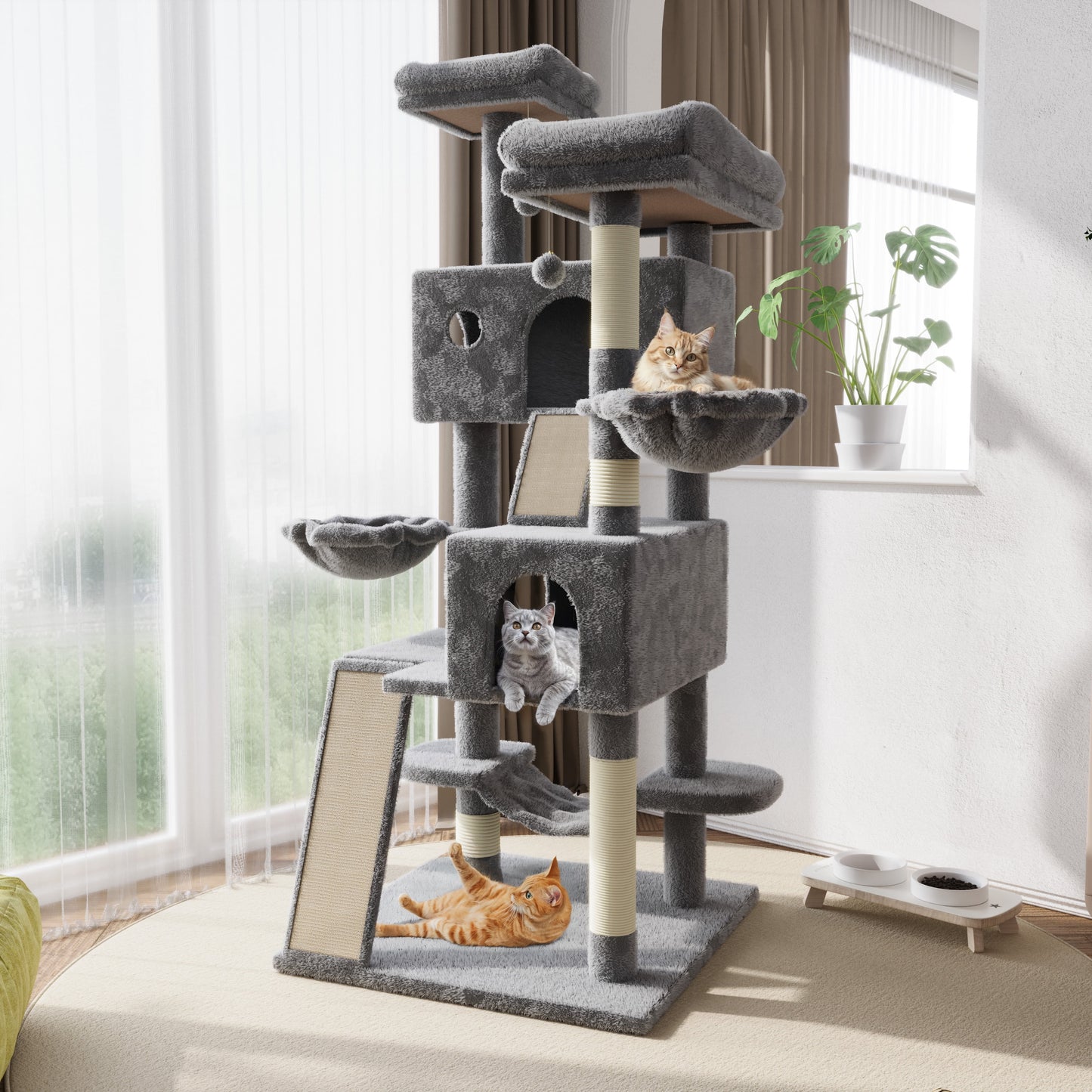 65.7" Large Cat Tree and Tower Condo for Indoor Cats with Dual Scratching Boards, Hammock, and Post in Gray