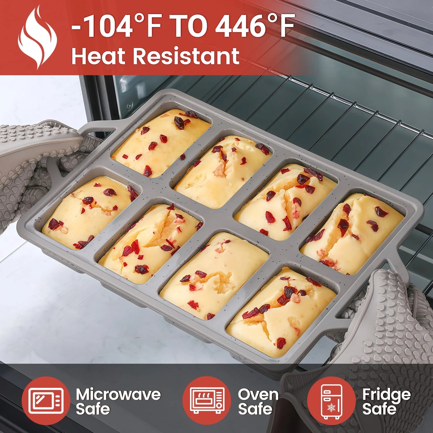 Mini Loaf Pans - Metal Reinforced Silicone Bakeware with 8 Cavities, Nonstick, 1 Pack