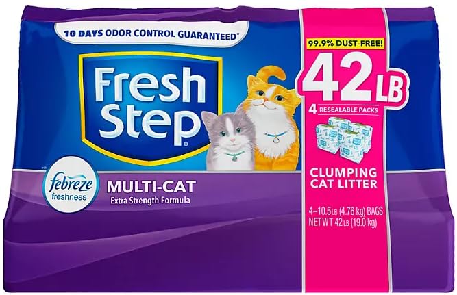 Generic FreshStep Extra Strength Multi-Cat Scented Clumping Litter w/Febreze Scent Cat Litter, 4 Pack 42 lbs, GRAY