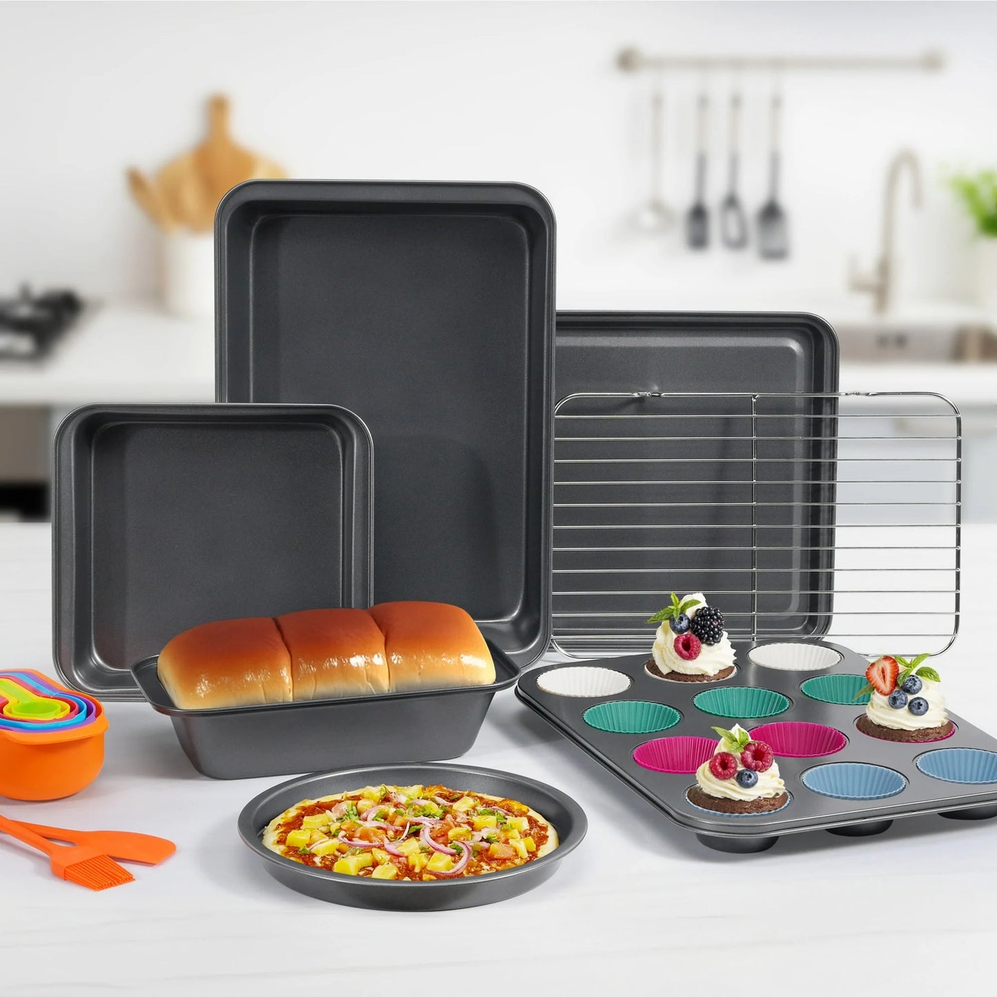 Bakeware Set, 22 Pcs Carbon Steel Non-Stick Baking Pan Set, Baking Sheet for Kitchen, Muffin Pan & Cookie Sheet & Cake Pan, Oven Safe up to 446℉