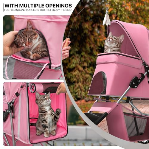 MoNiBloom Foldable 3-Wheel Pet Stroller with Storage, Cup Holder, and Waterproof Cover for Small Dogs and Cats