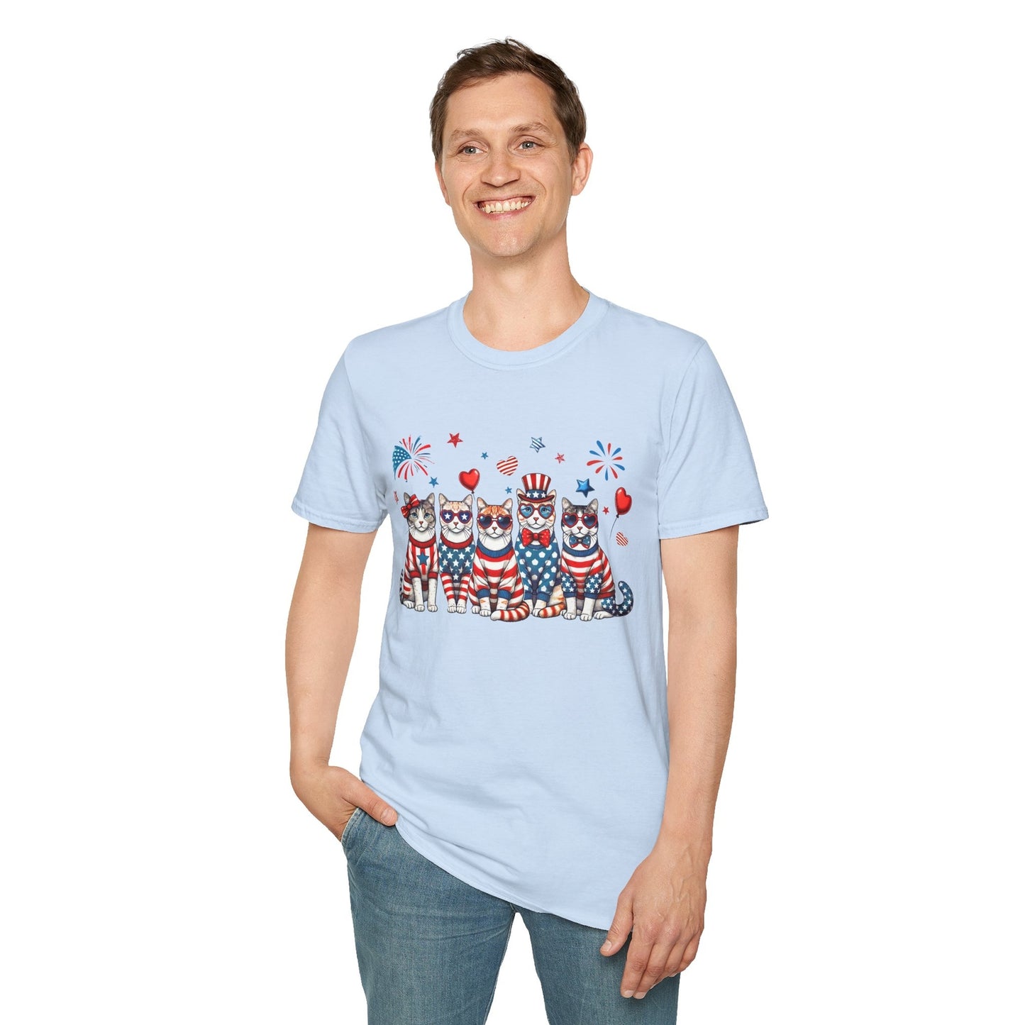 Patriotic Cat Unisex Softstyle T-Shirt for Fourth of July Celebrations