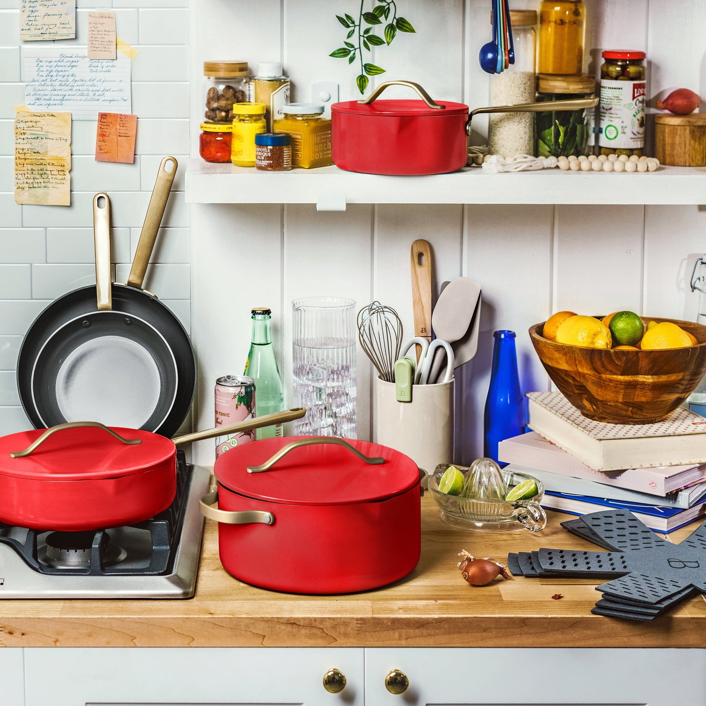 12-Piece Ceramic Nonstick Cookware Set with Strainer Lids in Tomato Red by Drew Barrymore