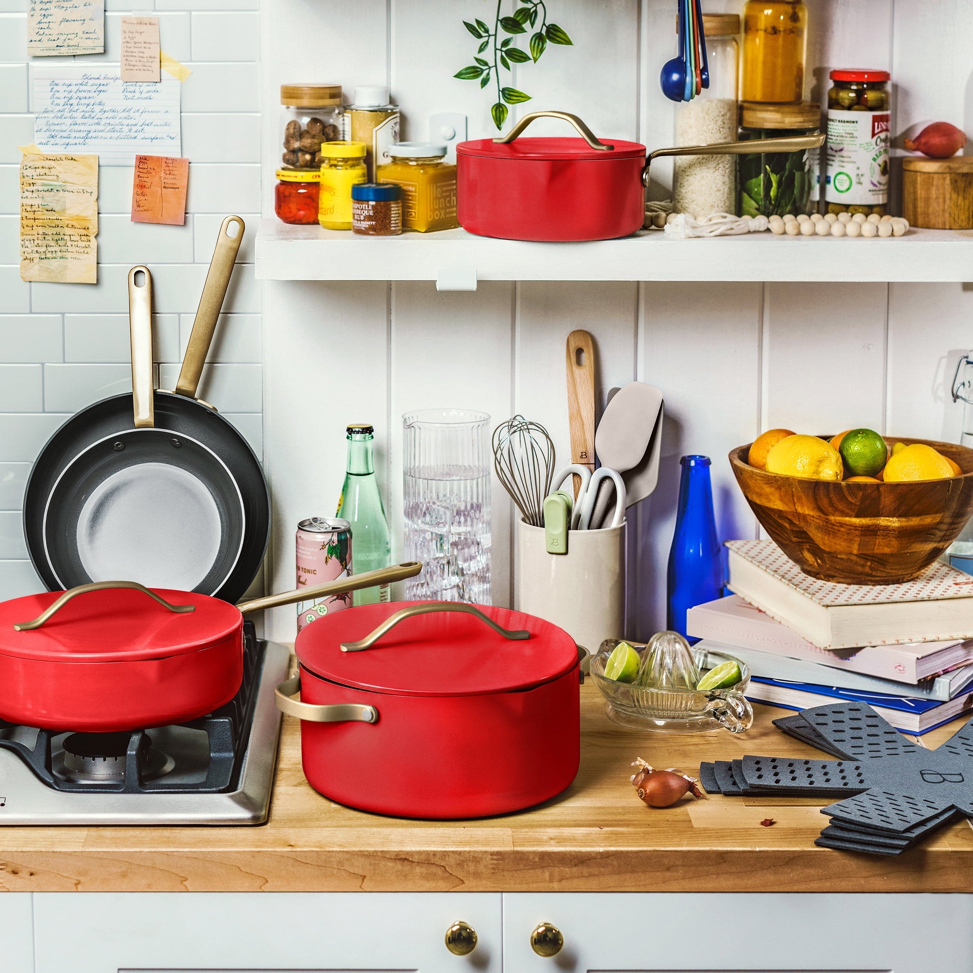 12-Piece Ceramic Nonstick Cookware Set with Strainer Lids in Tomato Red by Drew Barrymore