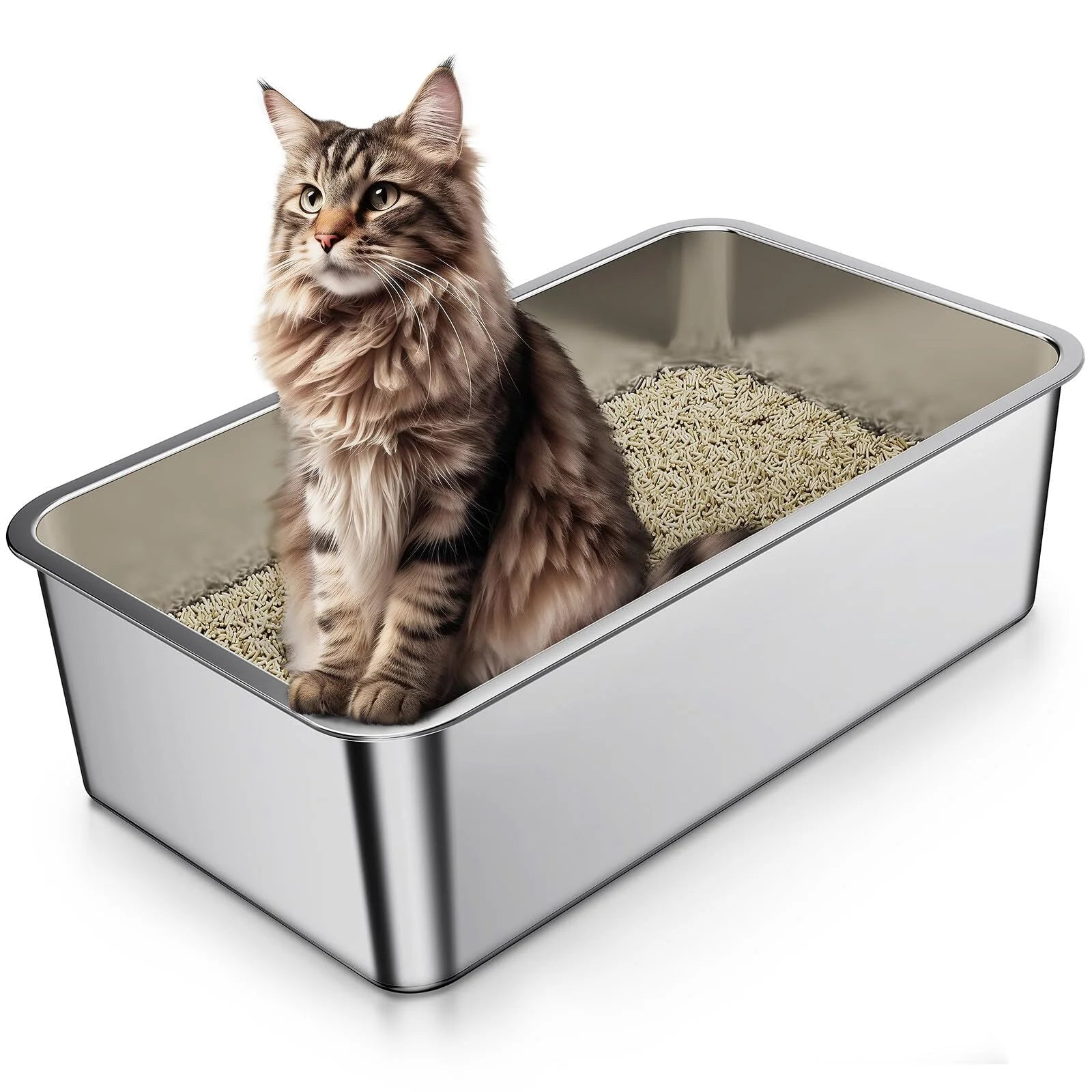 Stainless Steel High-Sided Cat Litter Box with Odor Control and Easy Cleaning, 23.4" x 15.6" x 6