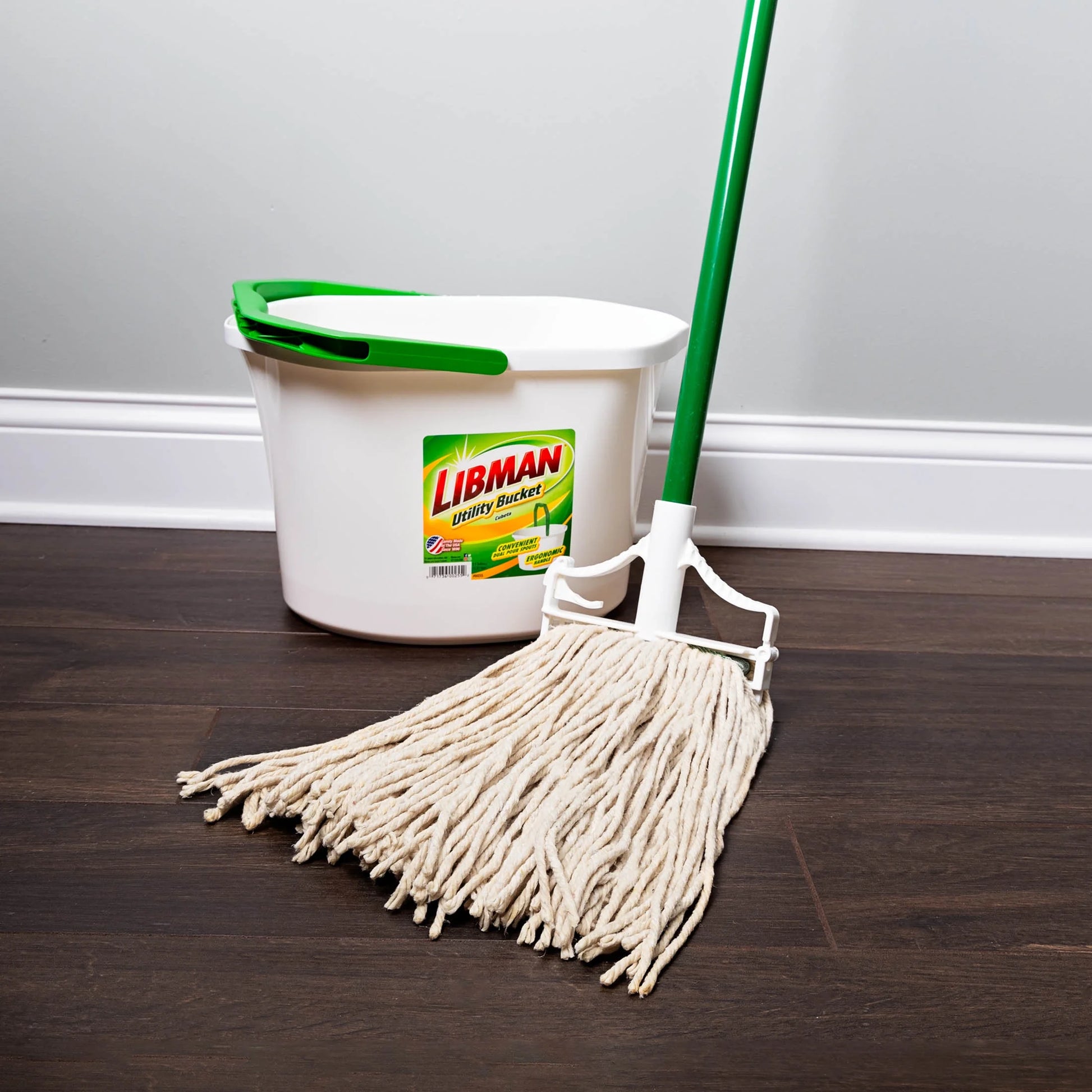 Household Wet Mop Cotton Blend Cut End Steel Handle Green White