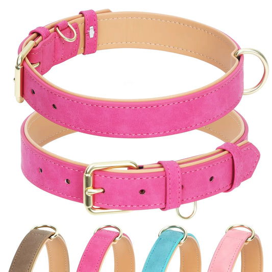 Heavy-Duty Soft Padded Leather Dog Collar for Medium Dogs (Hot Pink, Size M)