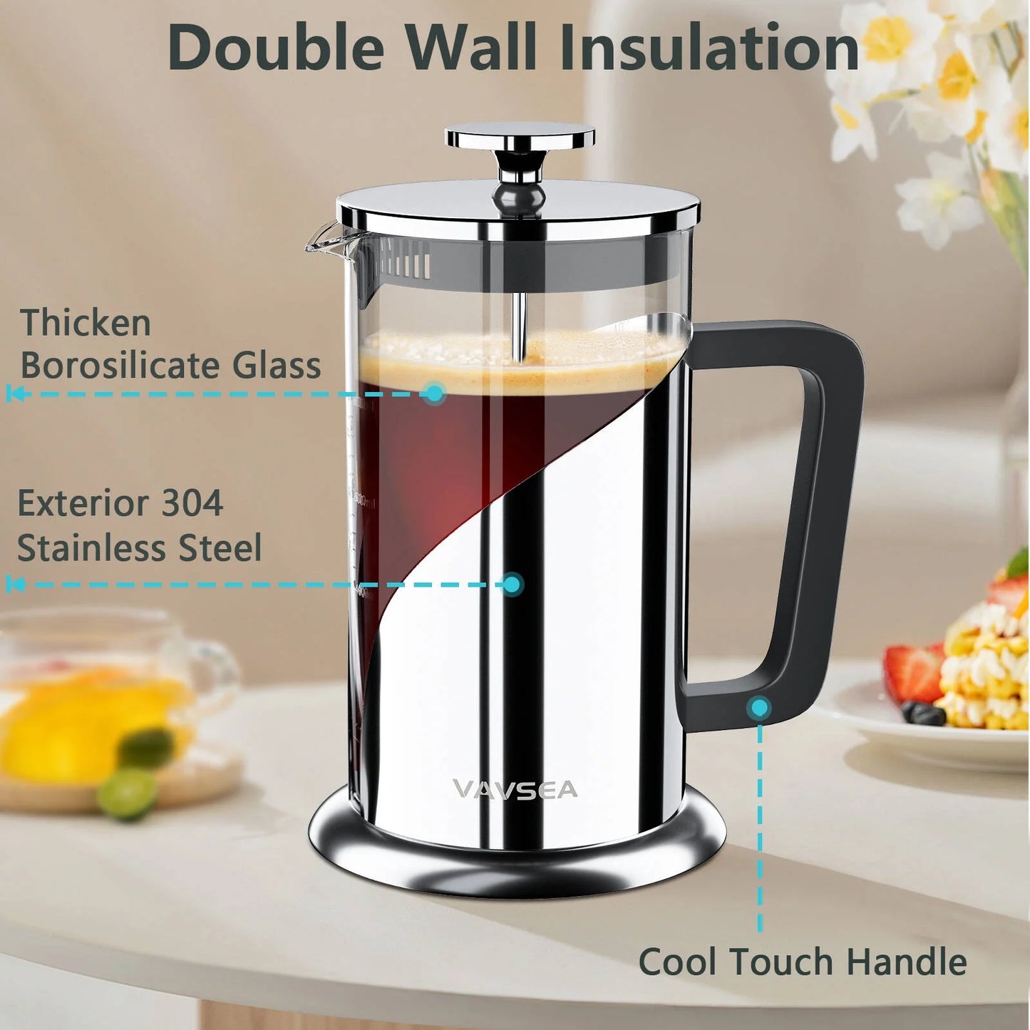 Double Wall French Press Coffee Maker, 35Oz Coffee Press with Thicken Borosilicate Glass & 304 Stainless Steel for Travel & Home Use, Dishwasher Safe, Silver