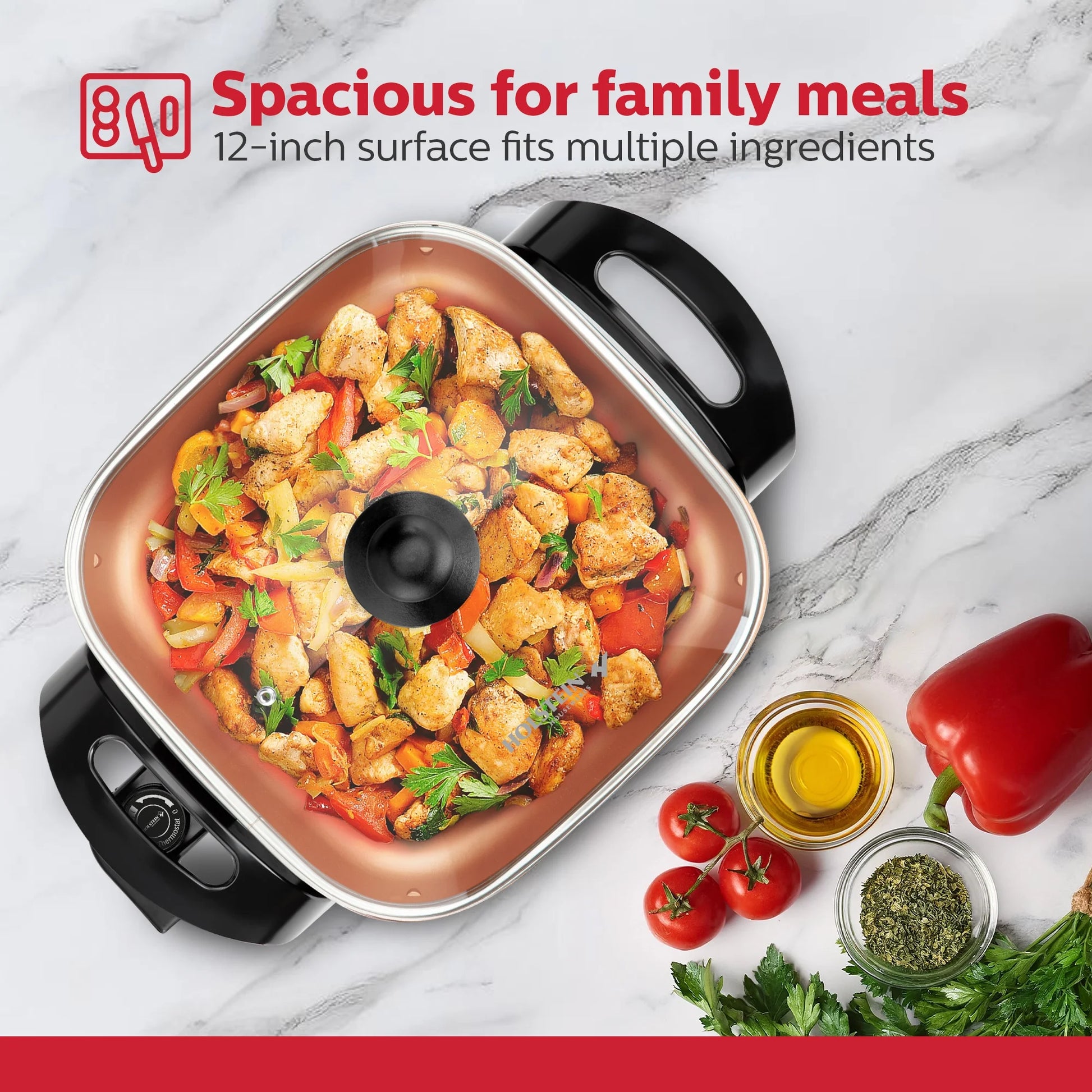 12-Inch Electric Skillet with Non-Stick Coating, Glass Lid, and Removable Probe, Copper and Black