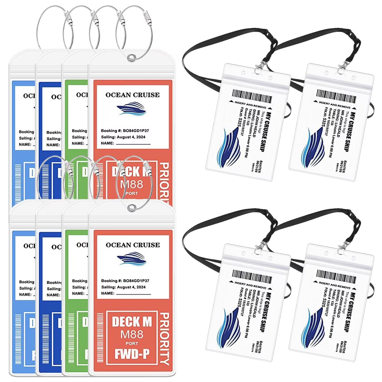 12-Piece Waterproof Cruise Luggage Tag and ID Holder Set with Zip Seal and Steel Loops, Durable PVC Holders Compatible with All Cruise Lines