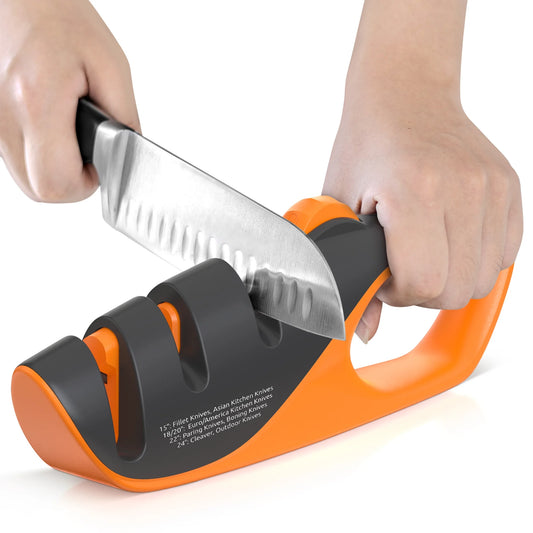 Adjustable 3-Stages Knife Sharpener – 5 Angle Manual Sharpener for Kitchen, Chef, Hunting, Fillet, Pocket, Cleaver & Serrated Knives – Ergonomic Handle, Scissor Slot, Coarse & Fine Stages