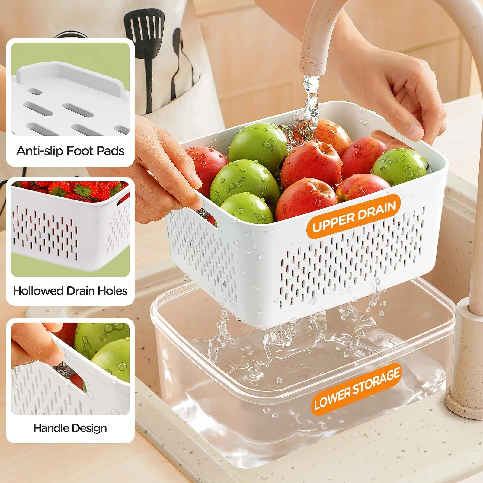 5 Pack Fruit Storage Containers for Fridge with Removable Colanders and Lids, 5 in 1 Leakproof Fridge Organizer Bins for Salad Berry Lettuce Vegetables Meat Keeper Fresh