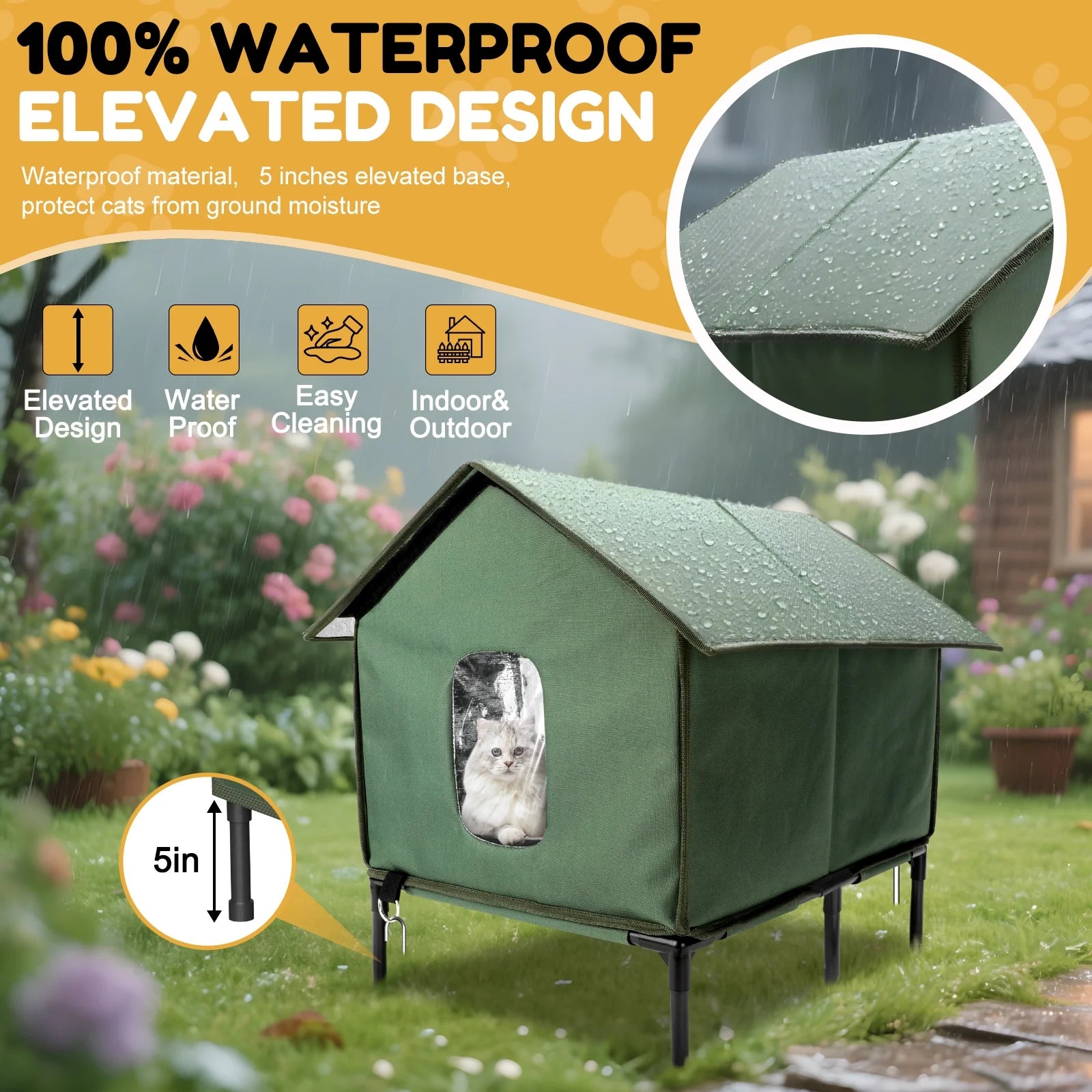 Insulated Outdoor Cat House with Escape Door - Weatherproof Shelter for Small Cats, Green